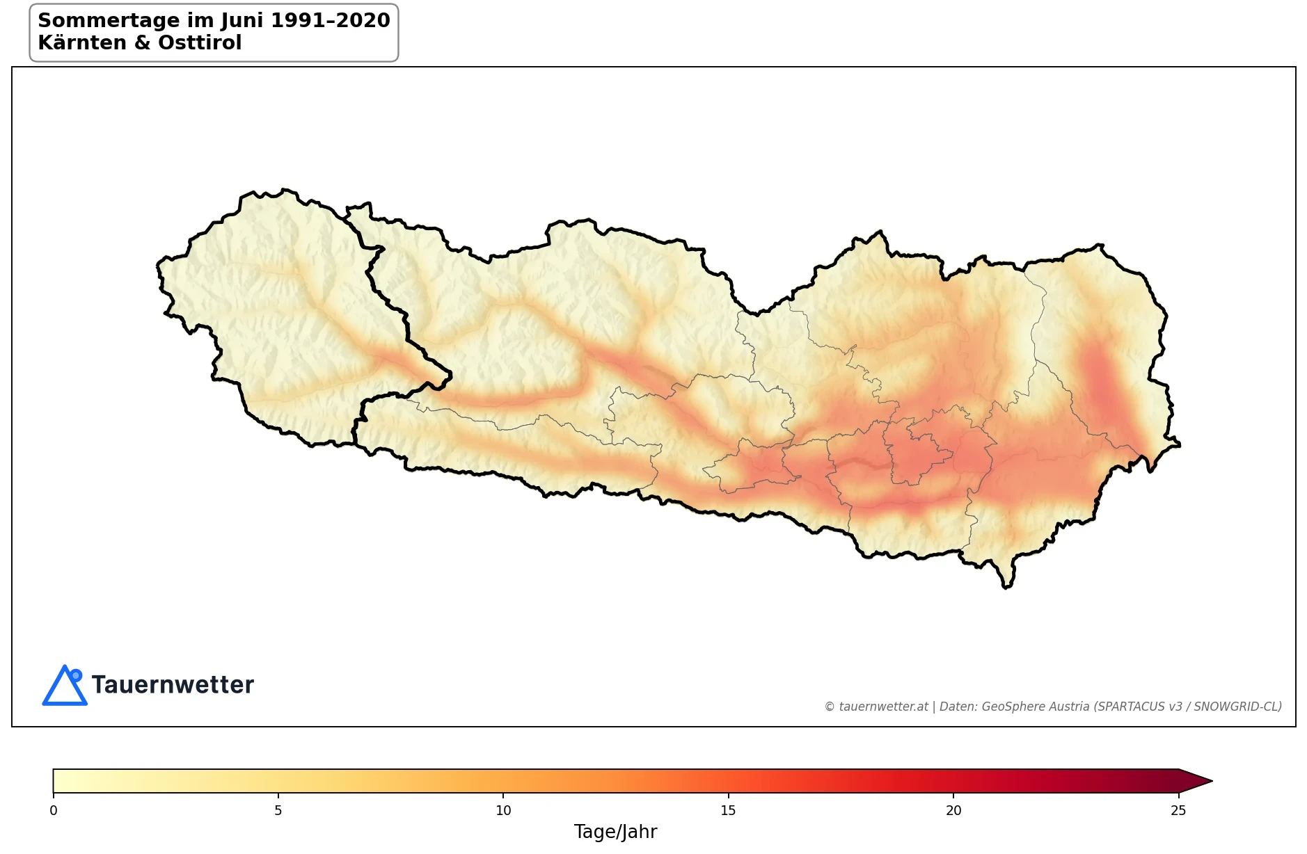 Klimakarte Sommertage (Tmax ≥ 25 °C), Juni 1991–2020 in Kärnten und Osttirol
