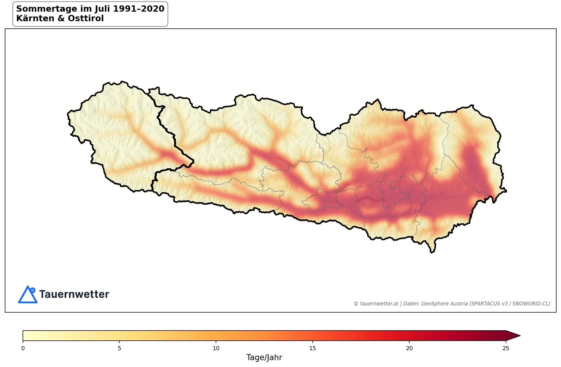 Klimakarte Sommertage (Tmax ≥ 25 °C), Juli 1991–2020 in Kärnten und Osttirol