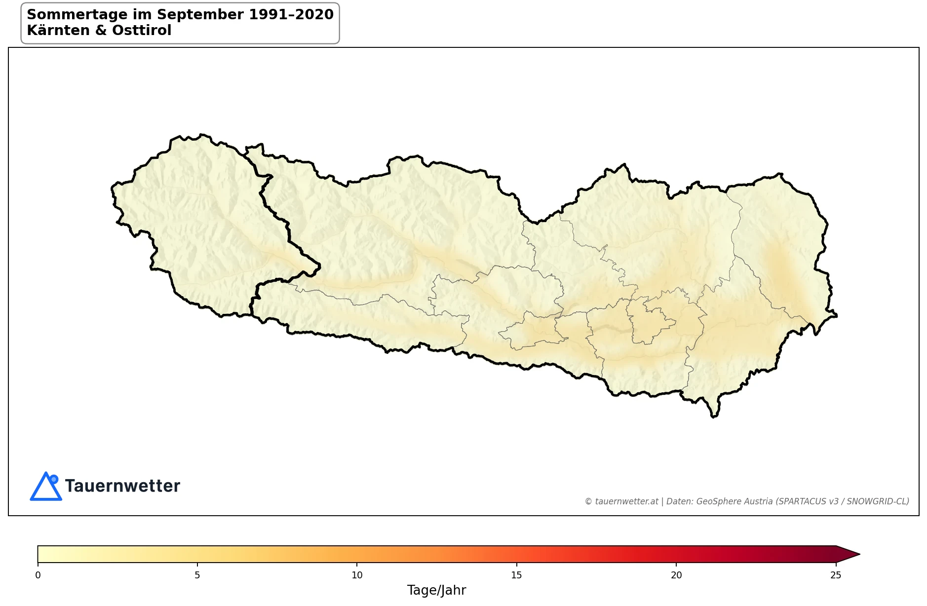 Klimakarte Sommertage (Tmax ≥ 25 °C), September 1991–2020 in Kärnten und Osttirol