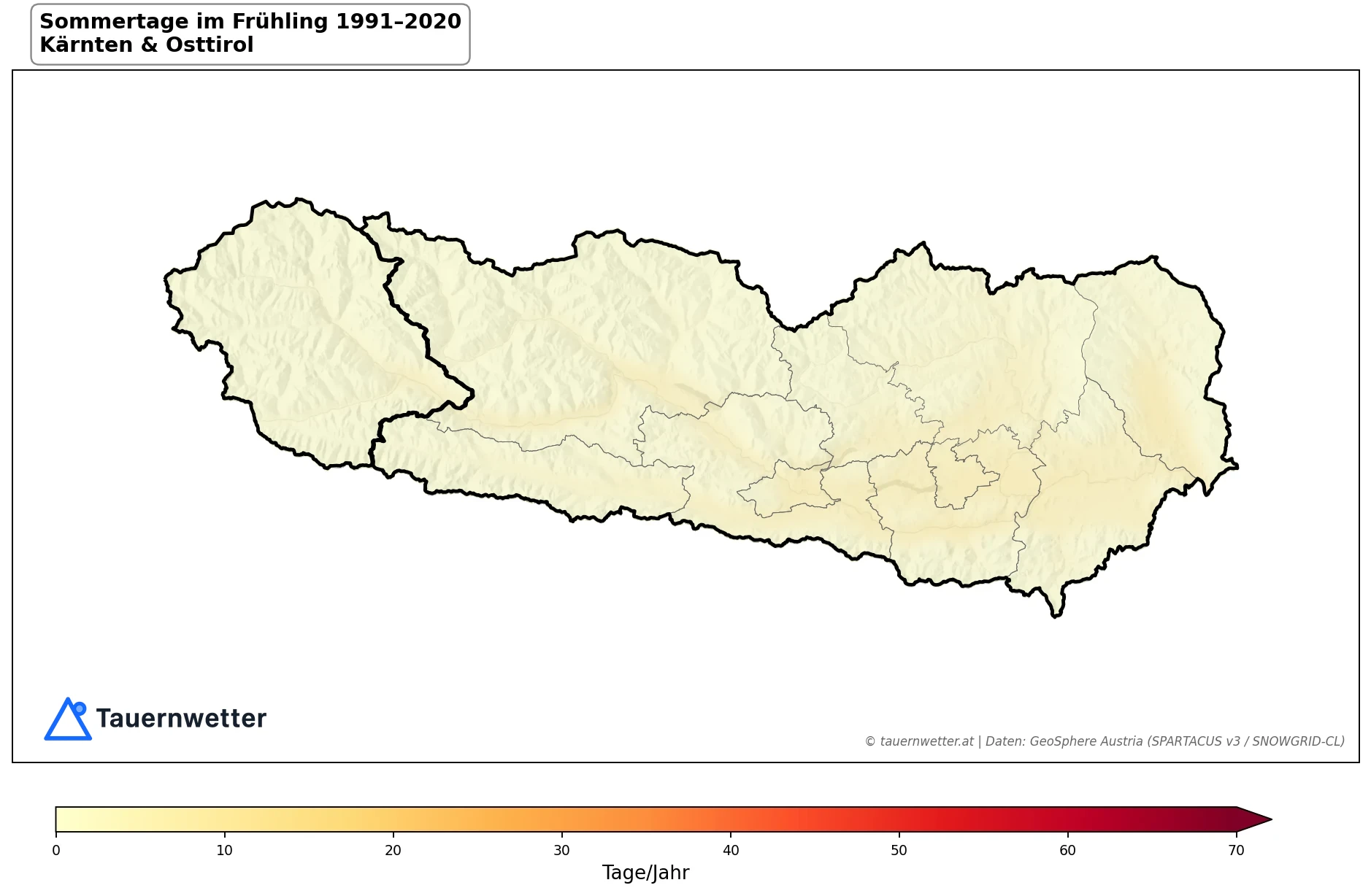 Klimakarte Sommertage (Tmax ≥ 25 °C), Frühling (MAM) 1991–2020 in Kärnten und Osttirol