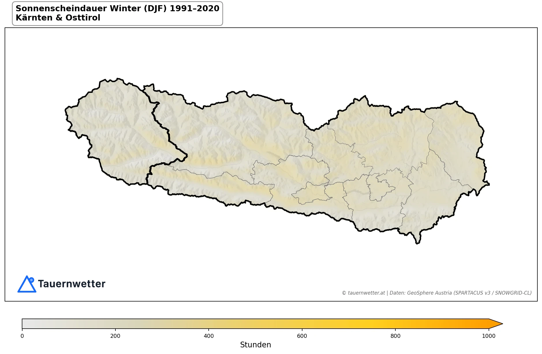 Klimakarte Sonnenscheindauer, Winter (DJF) 1991–2020 in Kärnten und Osttirol