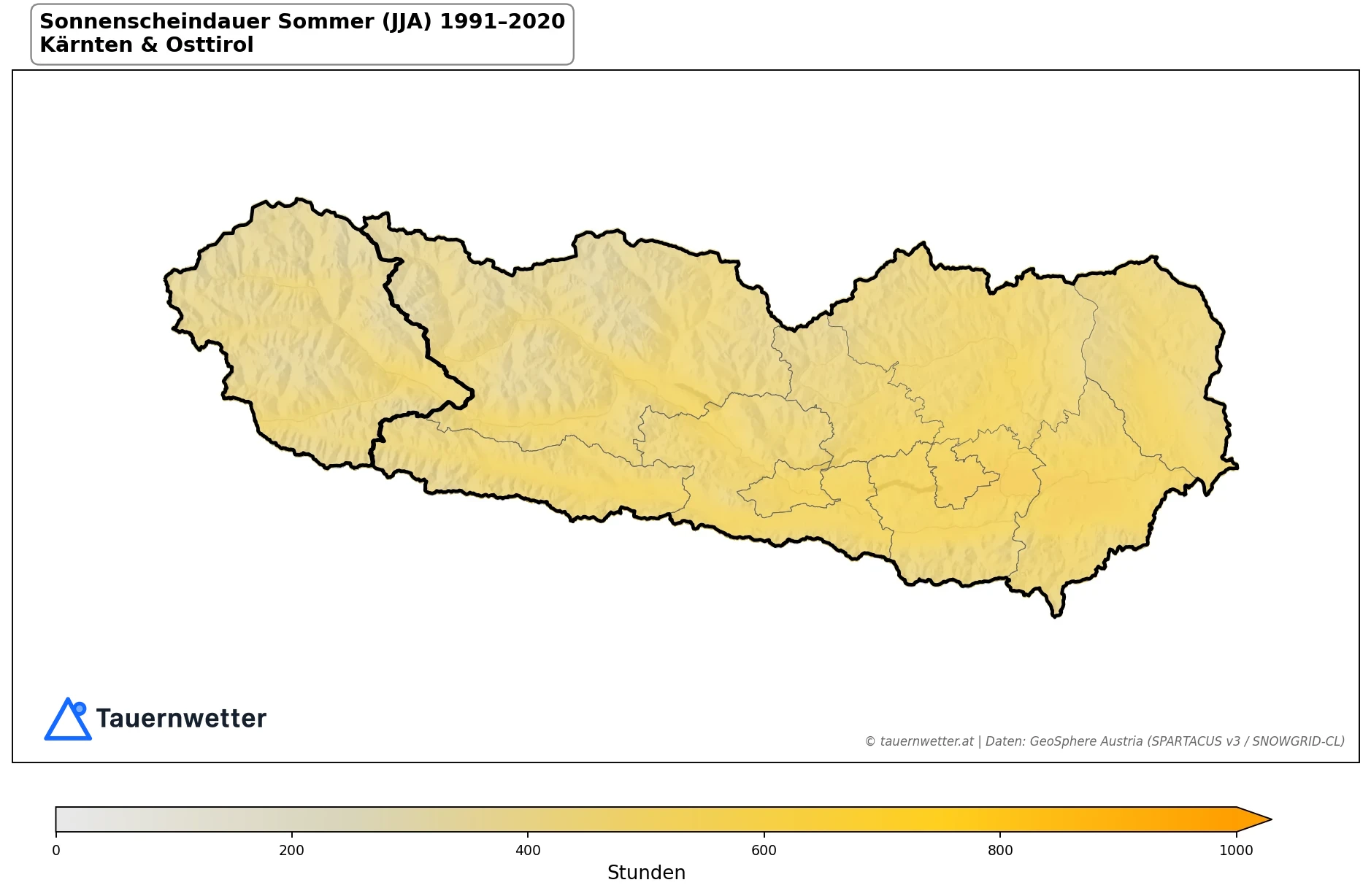 Klimakarte Sonnenscheindauer, Sommer (JJA) 1991–2020 in Kärnten und Osttirol