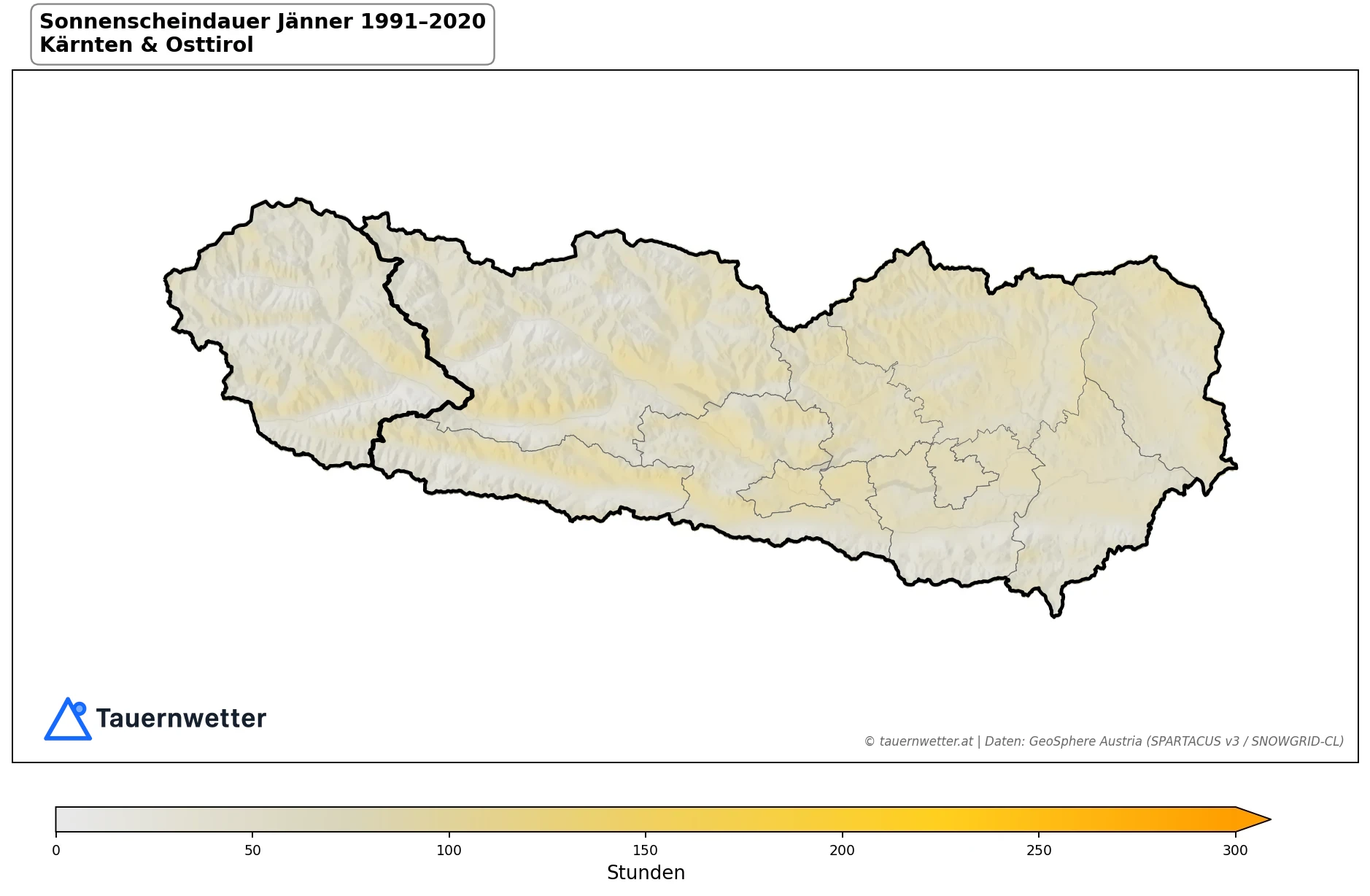 Klimakarte Sonnenscheindauer, Jänner 1991–2020 in Kärnten und Osttirol