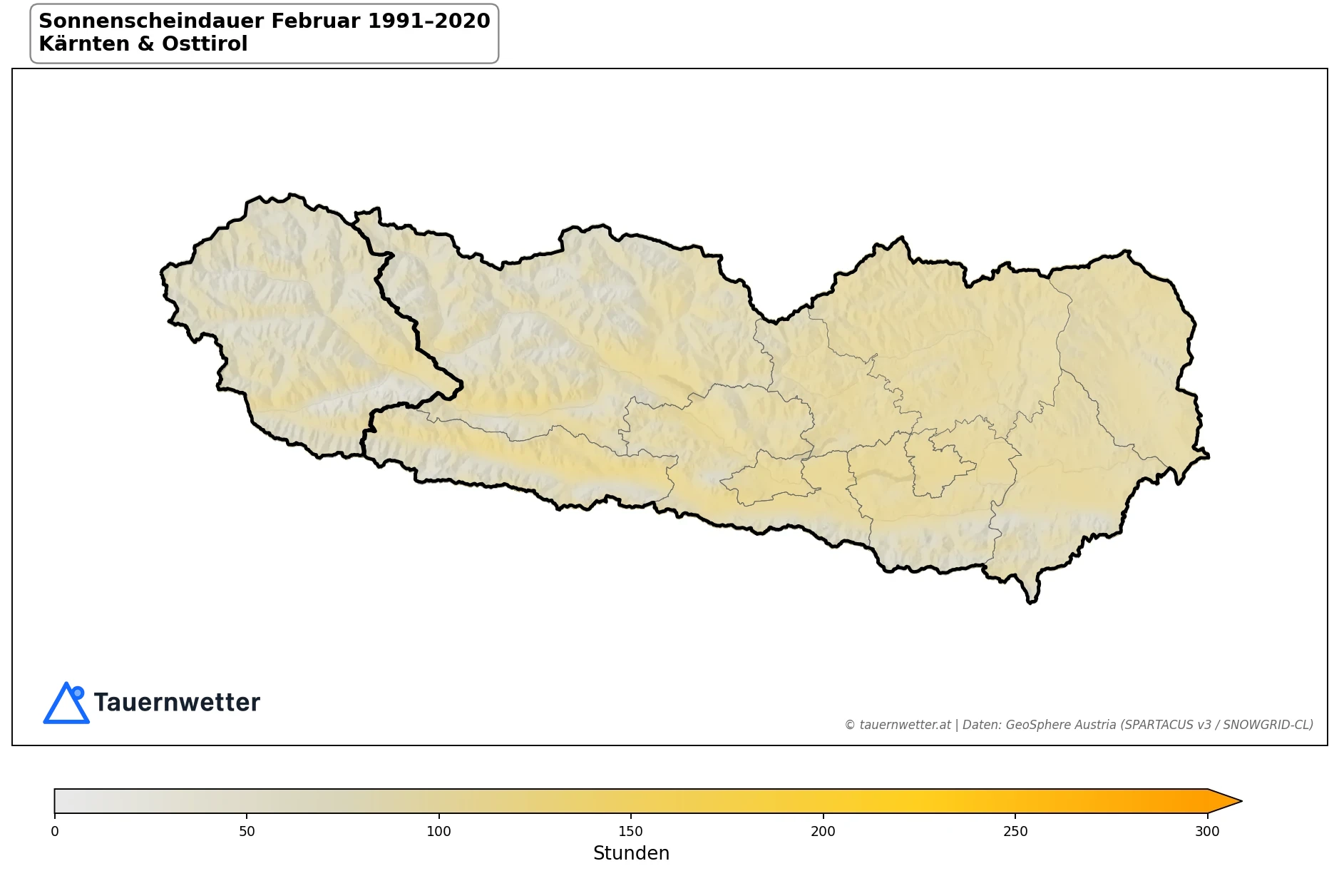 Klimakarte Sonnenscheindauer, Februar 1991–2020 in Kärnten und Osttirol