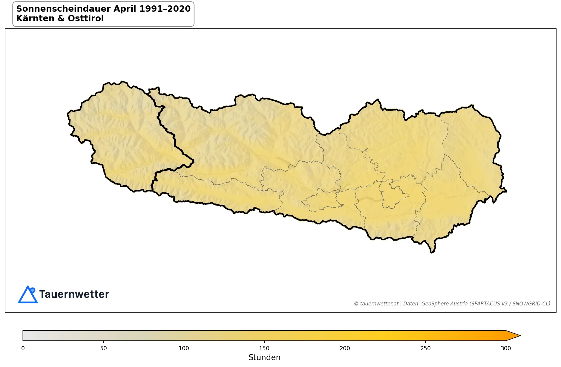 Klimakarte Sonnenscheindauer, April 1991–2020 in Kärnten und Osttirol