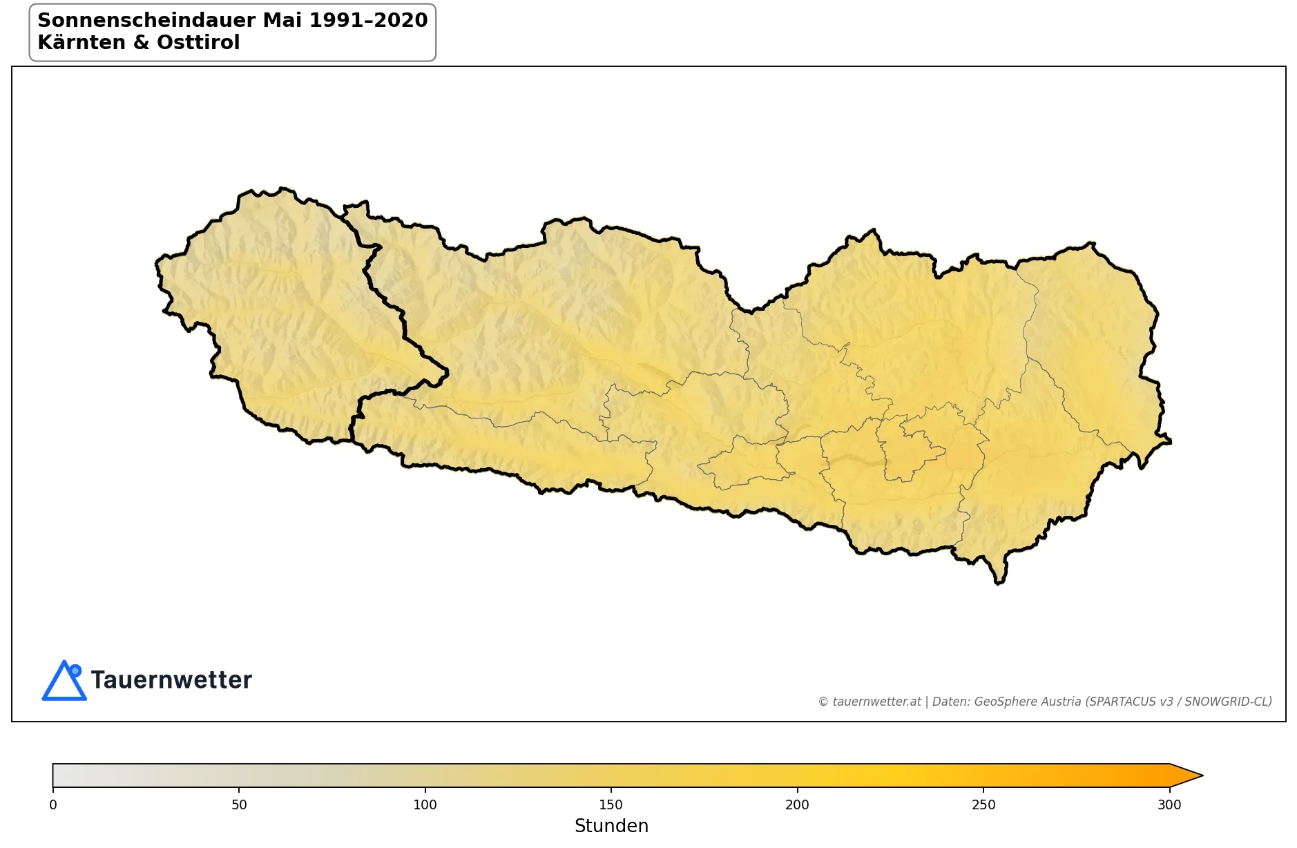 Klimakarte Sonnenscheindauer, Mai 1991–2020 in Kärnten und Osttirol