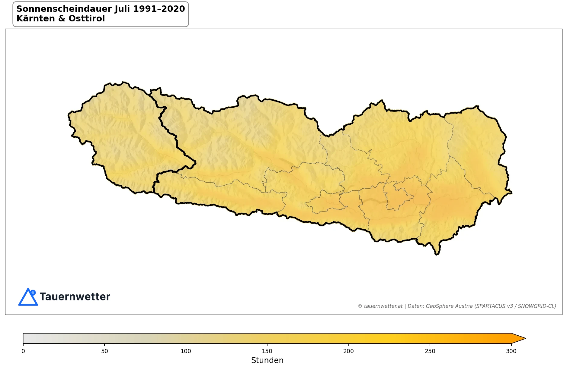 Klimakarte Sonnenscheindauer, Juli 1991–2020 in Kärnten und Osttirol