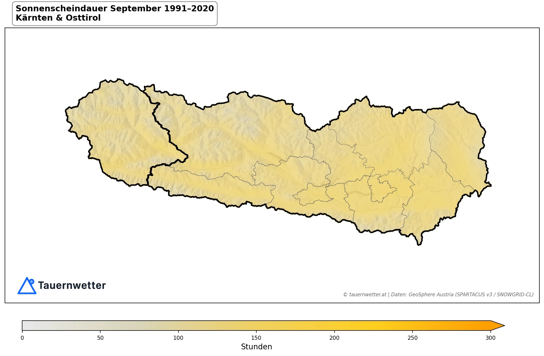 Klimakarte Sonnenscheindauer, September 1991–2020 in Kärnten und Osttirol