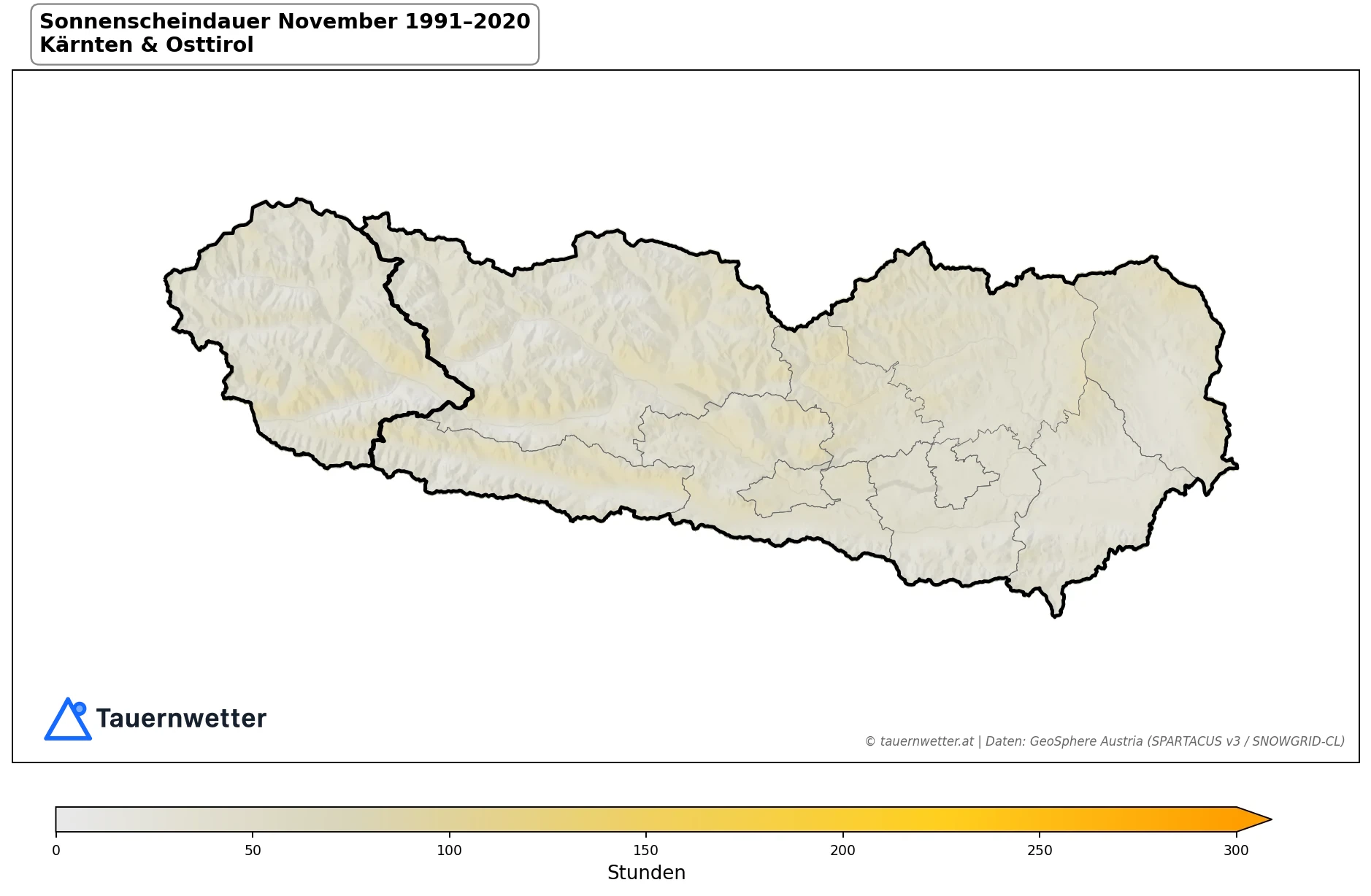 Klimakarte Sonnenscheindauer, November 1991–2020 in Kärnten und Osttirol
