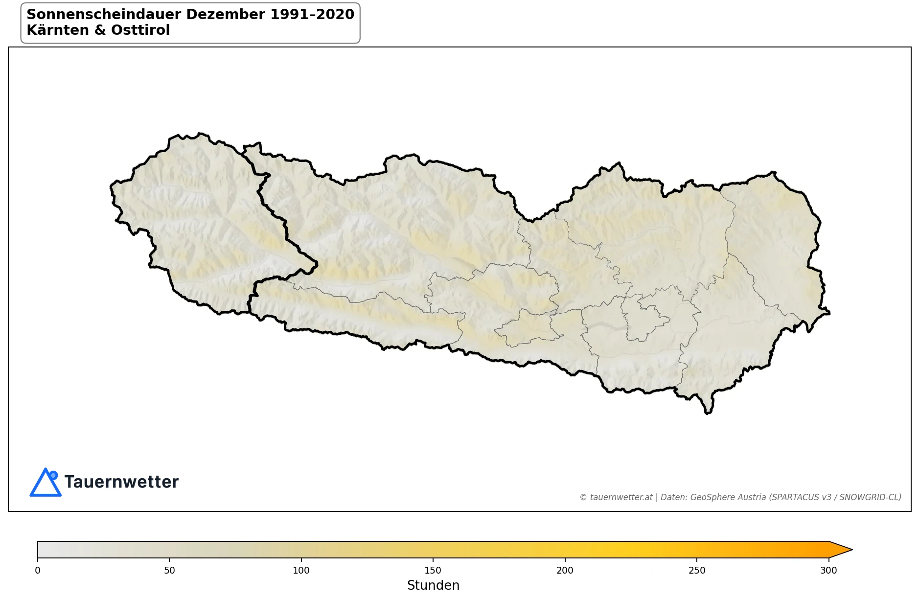 Klimakarte Sonnenscheindauer, Dezember 1991–2020 in Kärnten und Osttirol