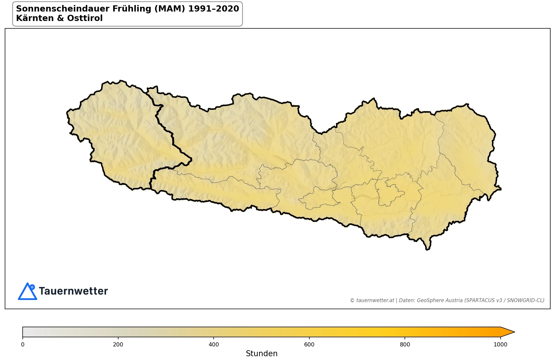 Klimakarte Sonnenscheindauer, Frühling (MAM) 1991–2020 in Kärnten und Osttirol