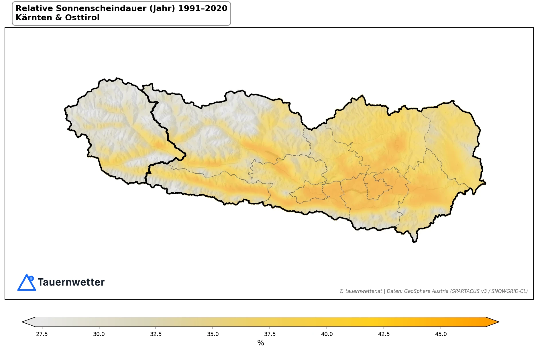 Klimakarte Relative Sonnenscheindauer, Jahr 1991–2020 in Kärnten und Osttirol