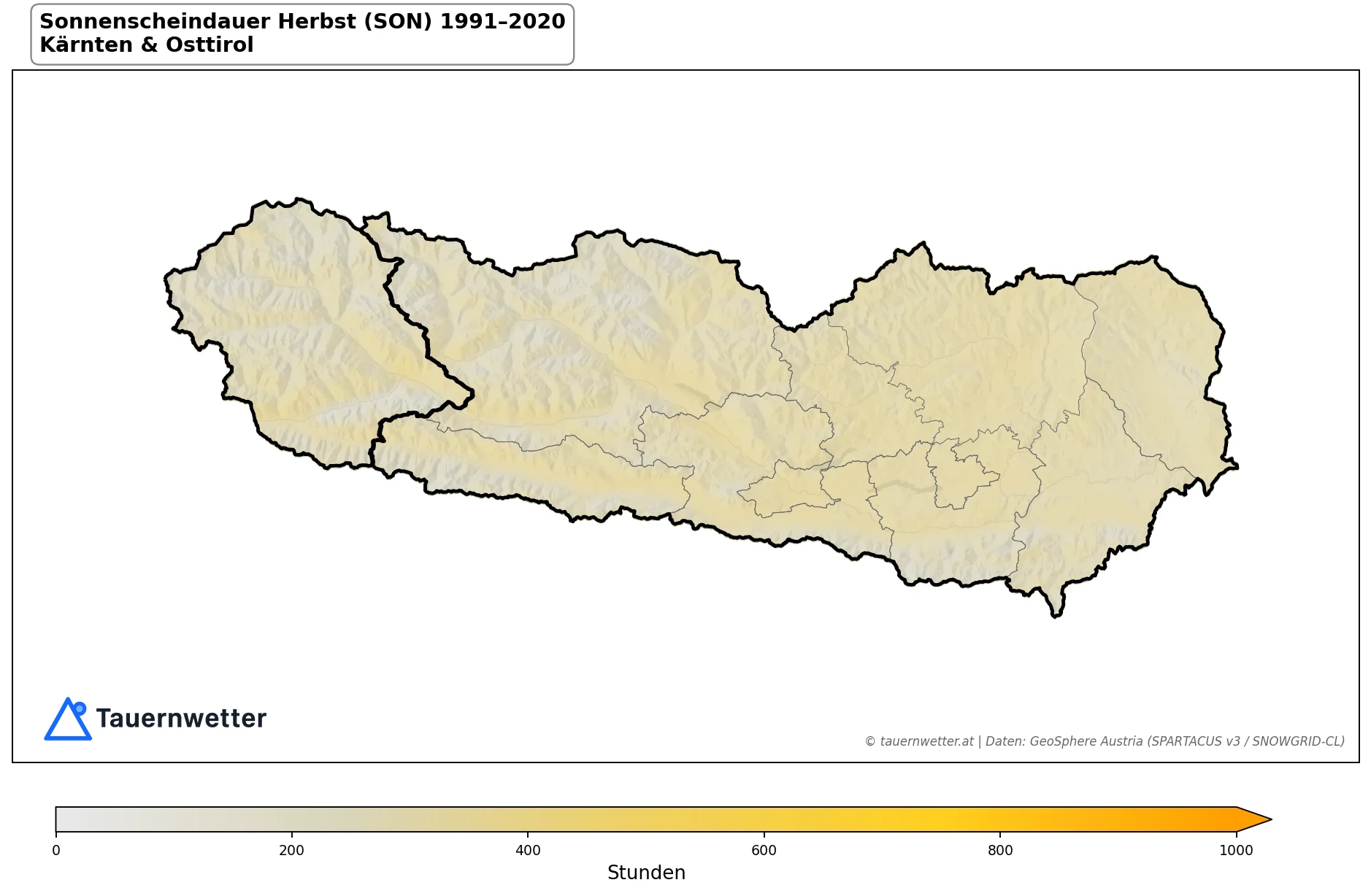 Klimakarte Sonnenscheindauer, Herbst (SON) 1991–2020 in Kärnten und Osttirol