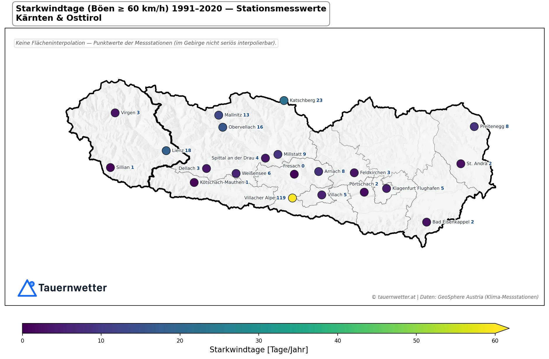 Klimakarte Starkwindtage (Stationen), Jahr 1991–2020 in Kärnten und Osttirol