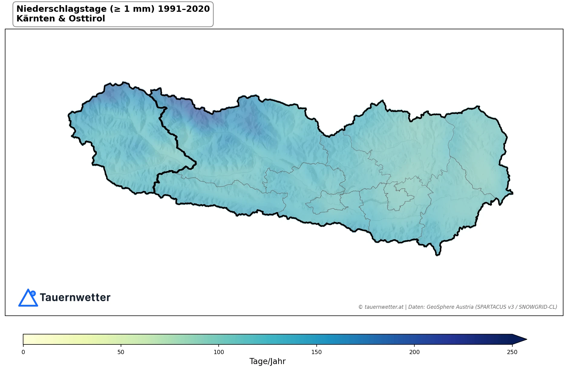 Klimakarte Niederschlagstage (≥ 1 mm), Jahr 1991–2020 in Kärnten und Osttirol