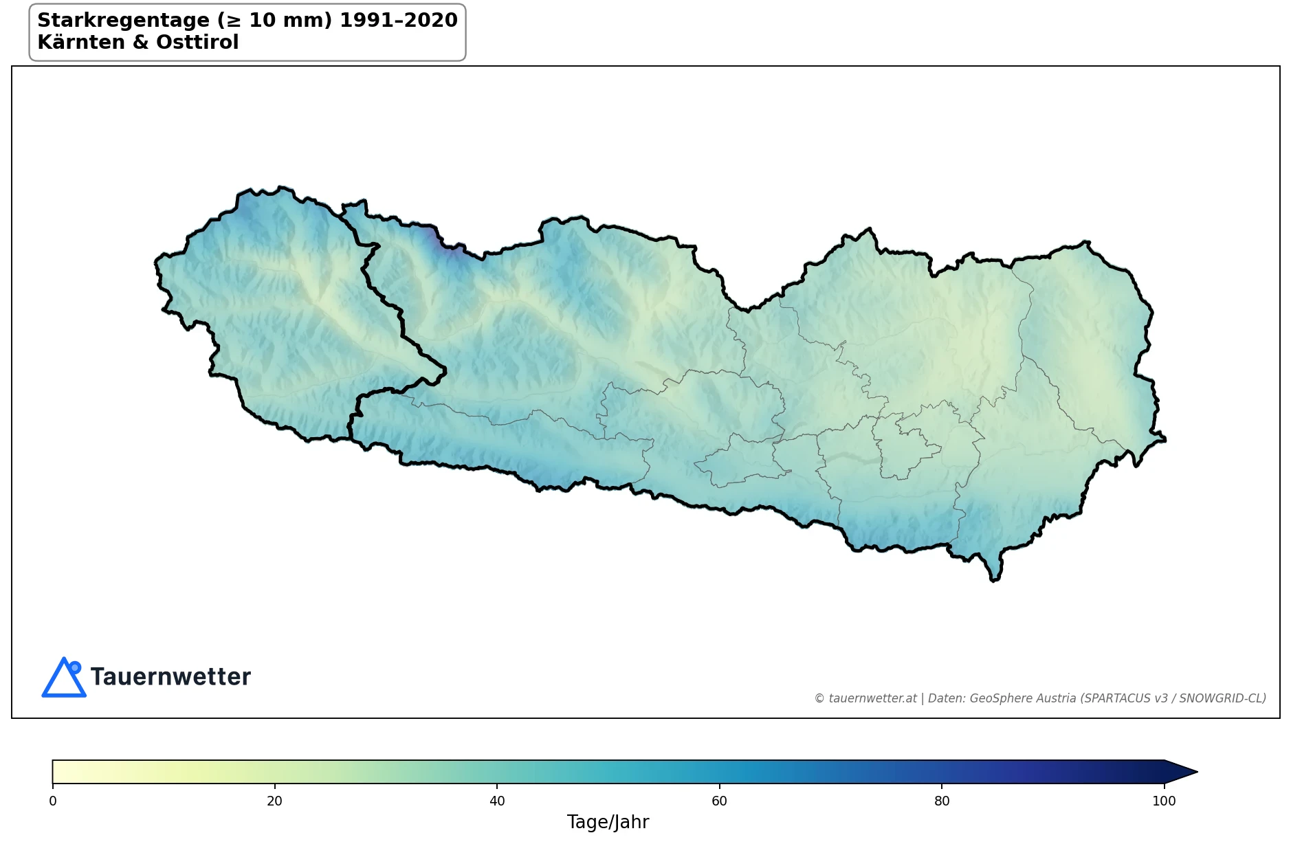 Klimakarte Starkniederschlagstage (≥ 10 mm), Jahr 1991–2020 in Kärnten und Osttirol
