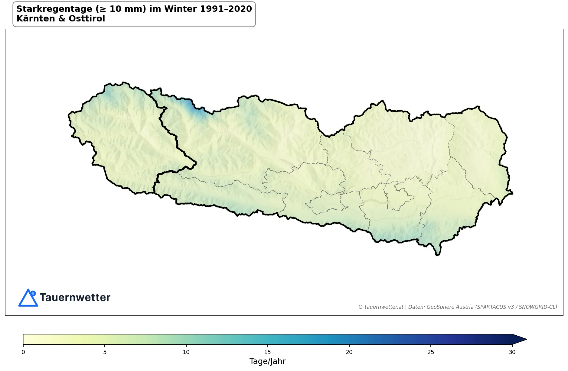 Klimakarte Starkniederschlagstage (≥ 10 mm), Winter (DJF) 1991–2020 in Kärnten und Osttirol
