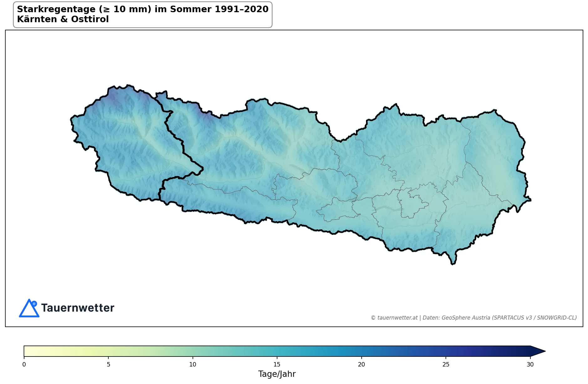 Klimakarte Starkniederschlagstage (≥ 10 mm), Sommer (JJA) 1991–2020 in Kärnten und Osttirol