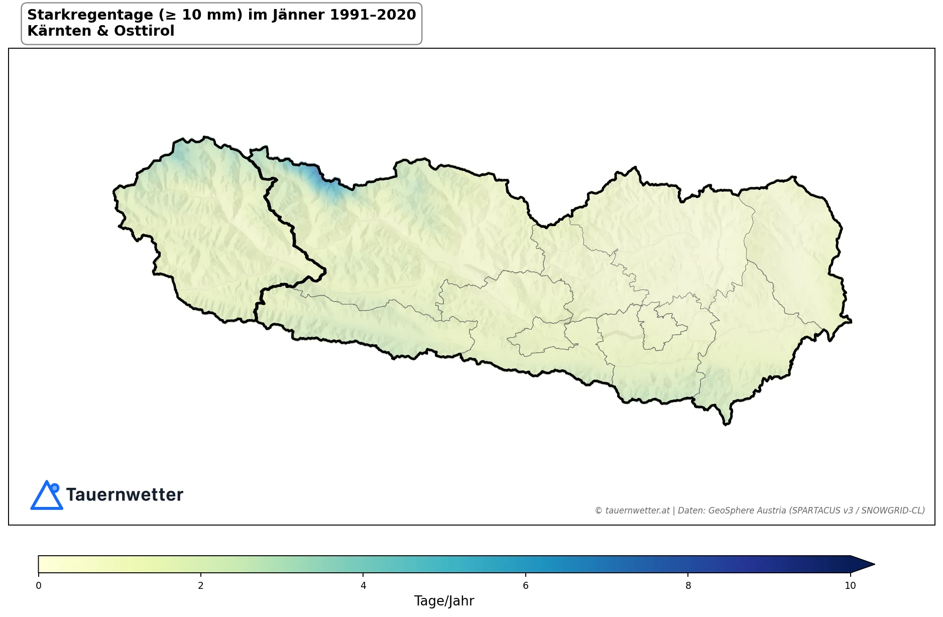 Klimakarte Starkniederschlagstage (≥ 10 mm), Jänner 1991–2020 in Kärnten und Osttirol