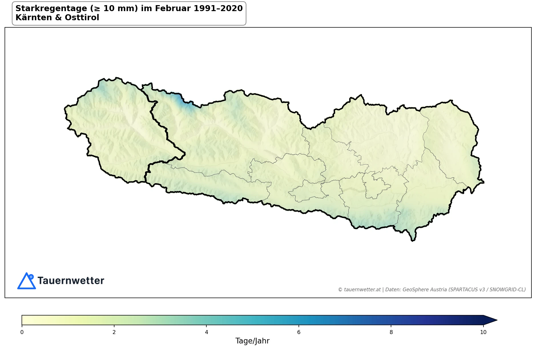 Klimakarte Starkniederschlagstage (≥ 10 mm), Februar 1991–2020 in Kärnten und Osttirol