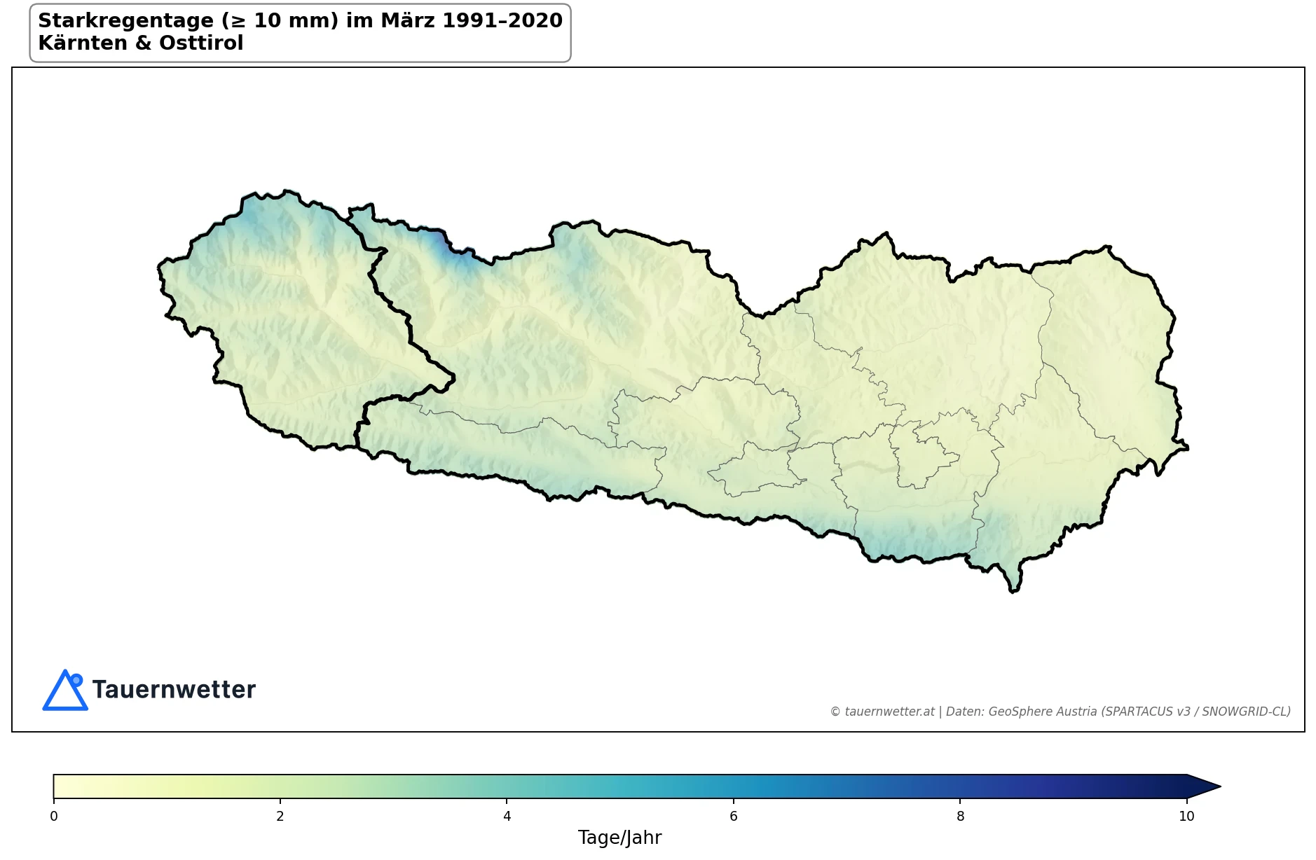 Klimakarte Starkniederschlagstage (≥ 10 mm), März 1991–2020 in Kärnten und Osttirol