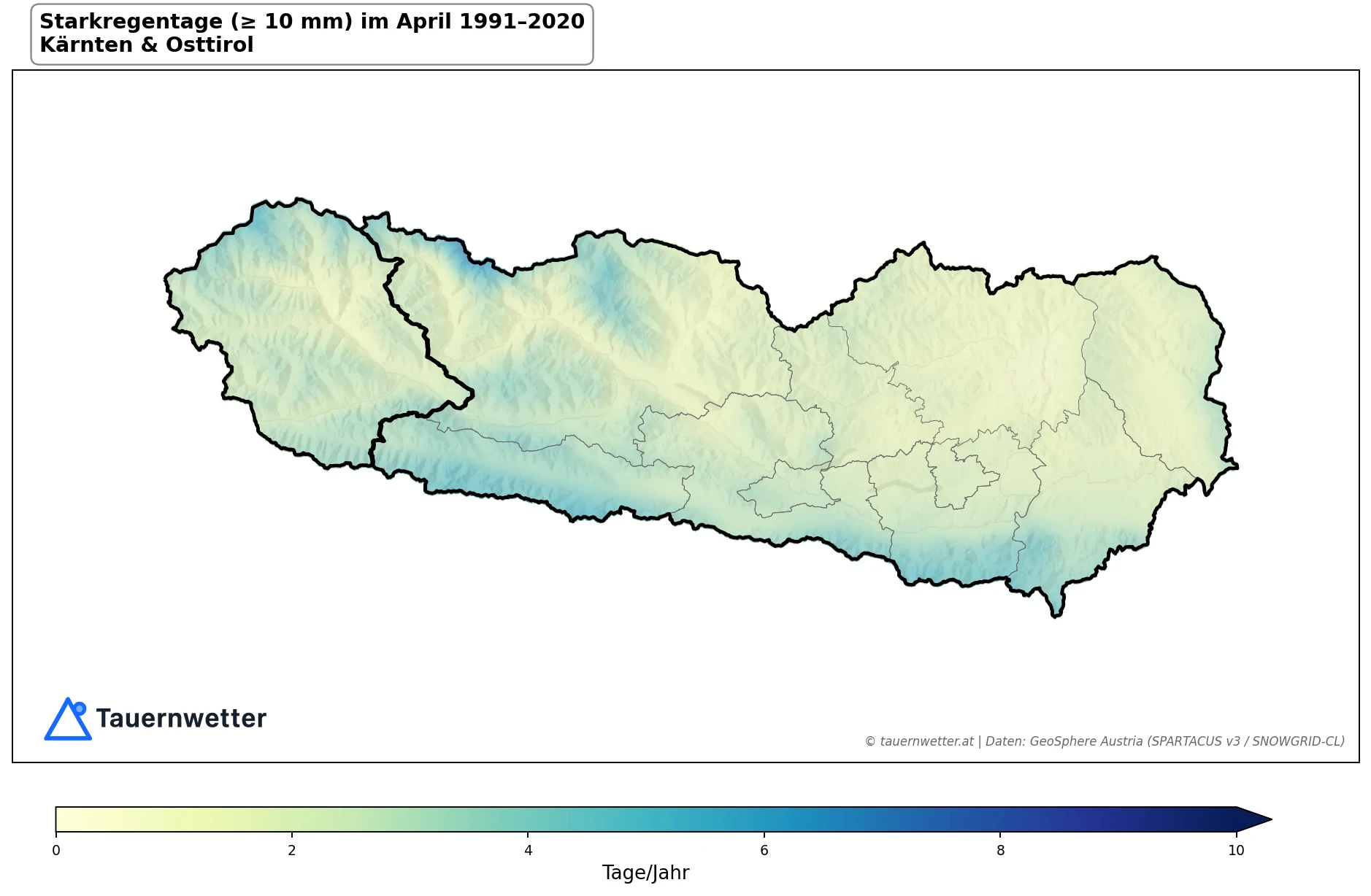 Klimakarte Starkniederschlagstage (≥ 10 mm), April 1991–2020 in Kärnten und Osttirol