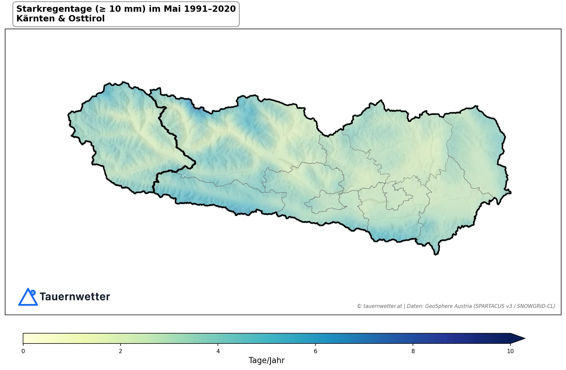 Klimakarte Starkniederschlagstage (≥ 10 mm), Mai 1991–2020 in Kärnten und Osttirol
