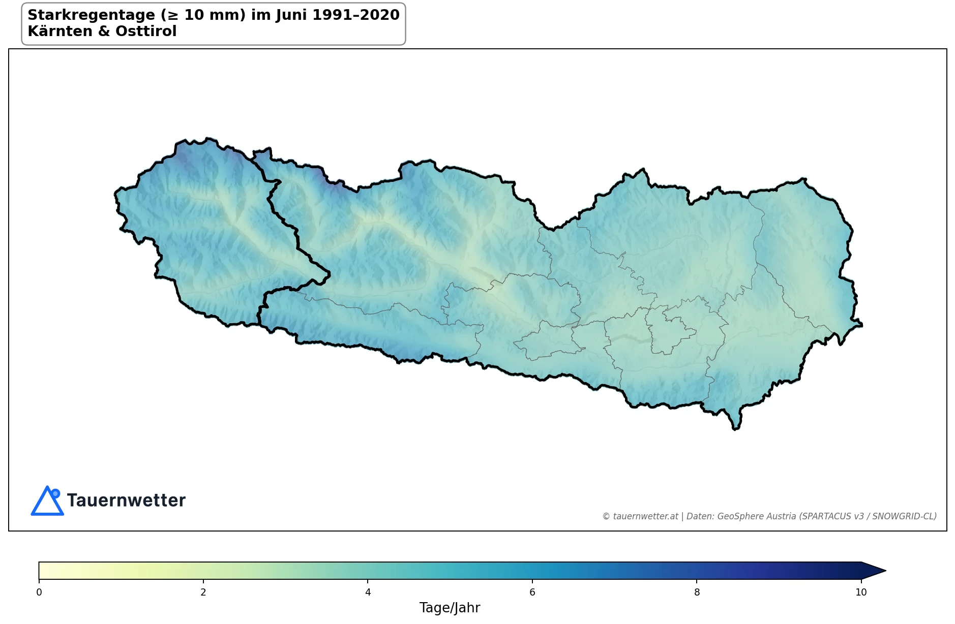 Klimakarte Starkniederschlagstage (≥ 10 mm), Juni 1991–2020 in Kärnten und Osttirol
