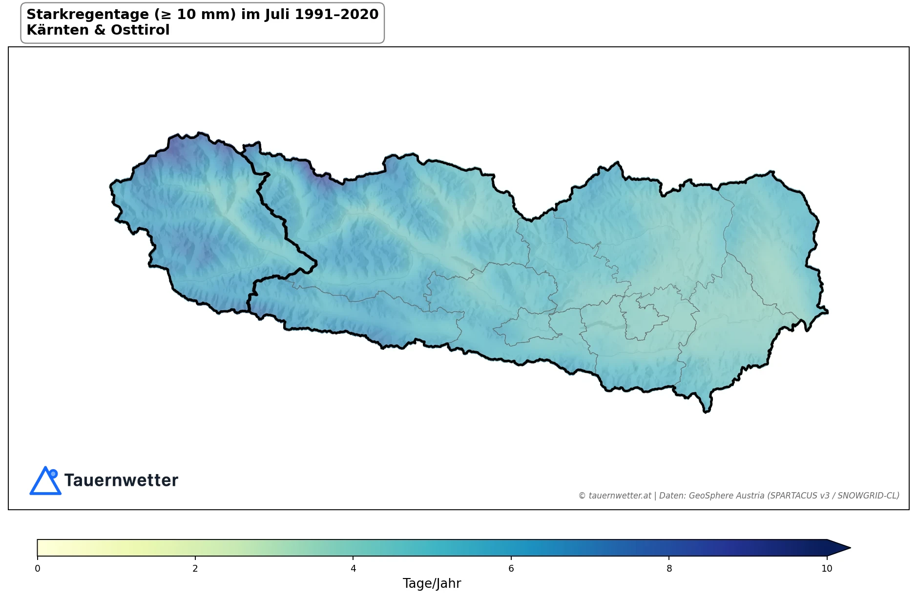 Klimakarte Starkniederschlagstage (≥ 10 mm), Juli 1991–2020 in Kärnten und Osttirol