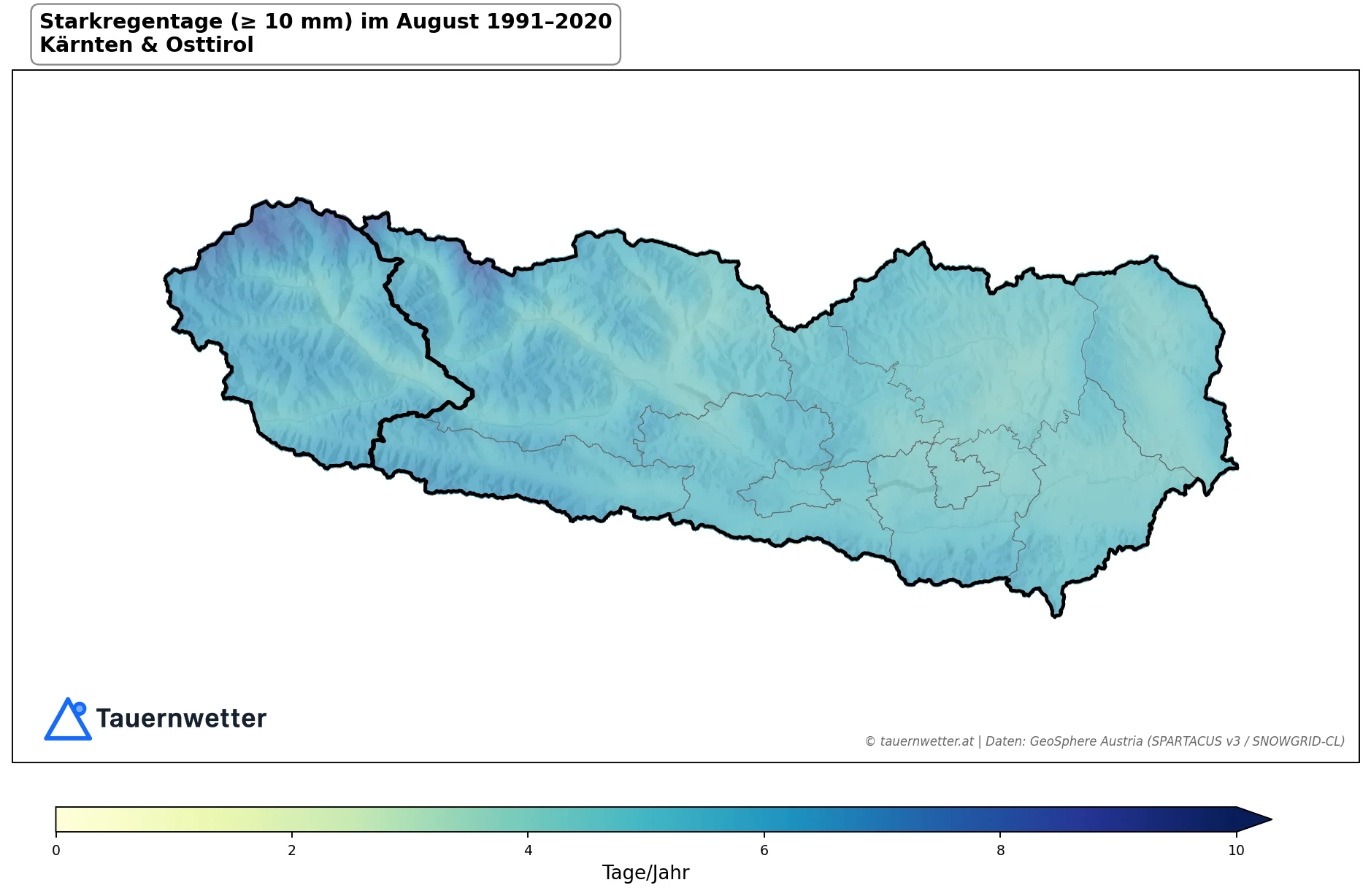 Klimakarte Starkniederschlagstage (≥ 10 mm), August 1991–2020 in Kärnten und Osttirol