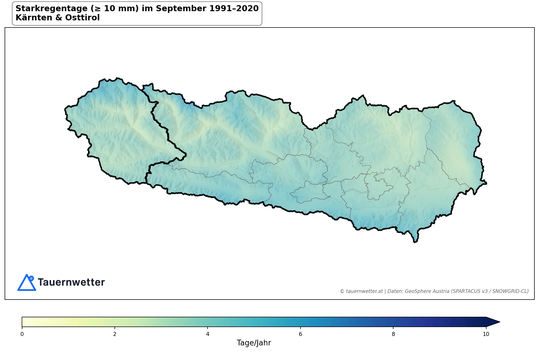 Klimakarte Starkniederschlagstage (≥ 10 mm), September 1991–2020 in Kärnten und Osttirol