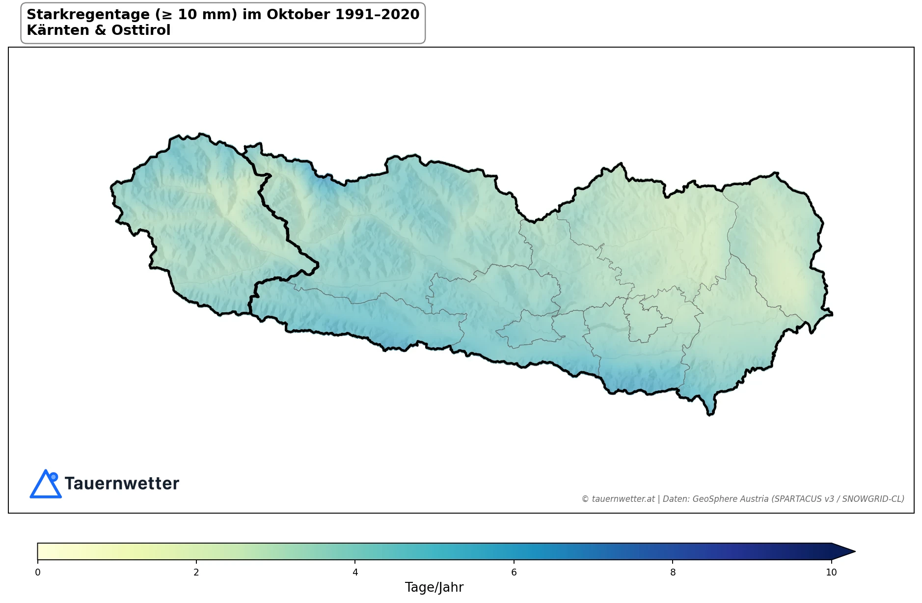 Klimakarte Starkniederschlagstage (≥ 10 mm), Oktober 1991–2020 in Kärnten und Osttirol