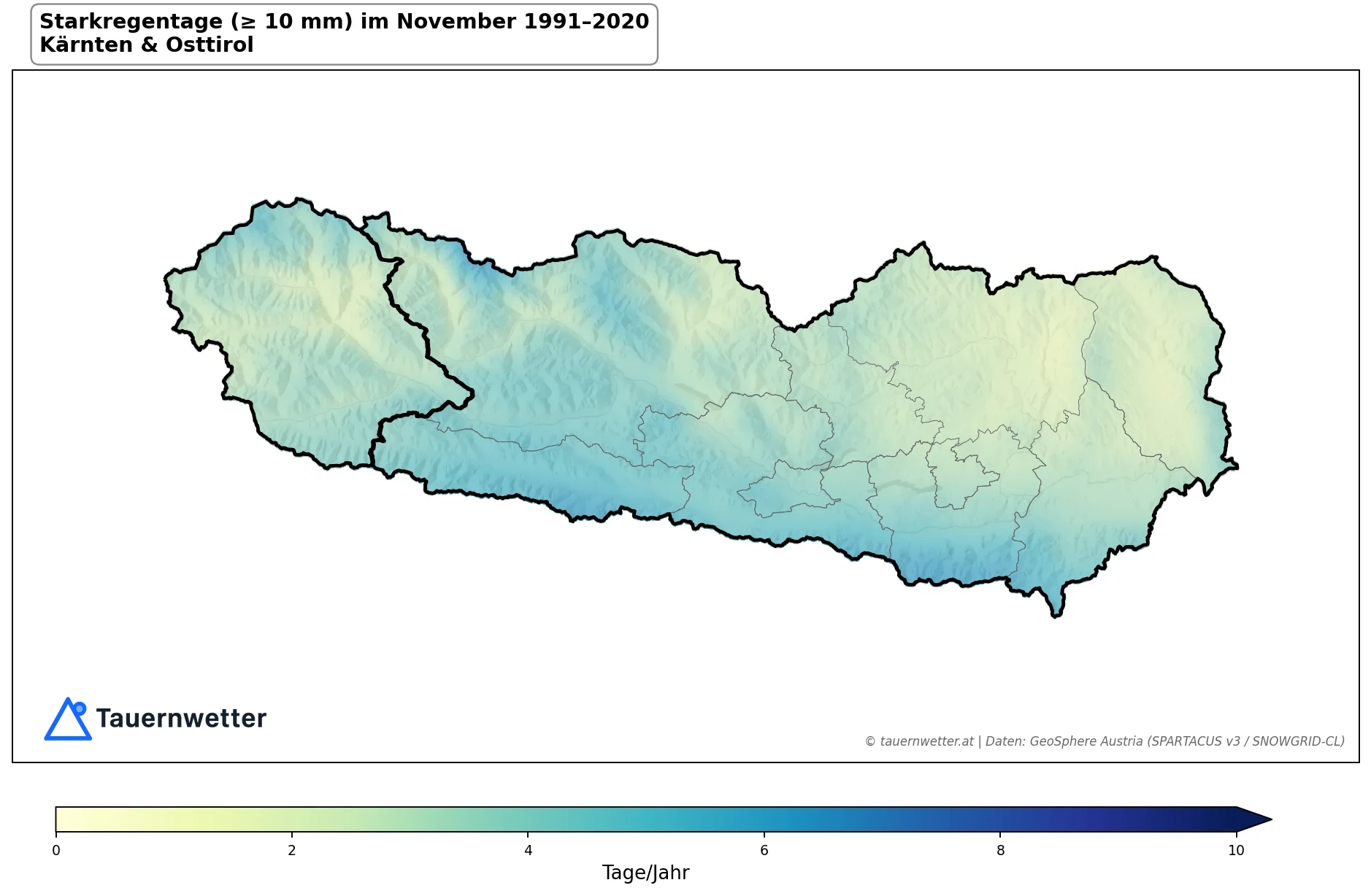 Klimakarte Starkniederschlagstage (≥ 10 mm), November 1991–2020 in Kärnten und Osttirol