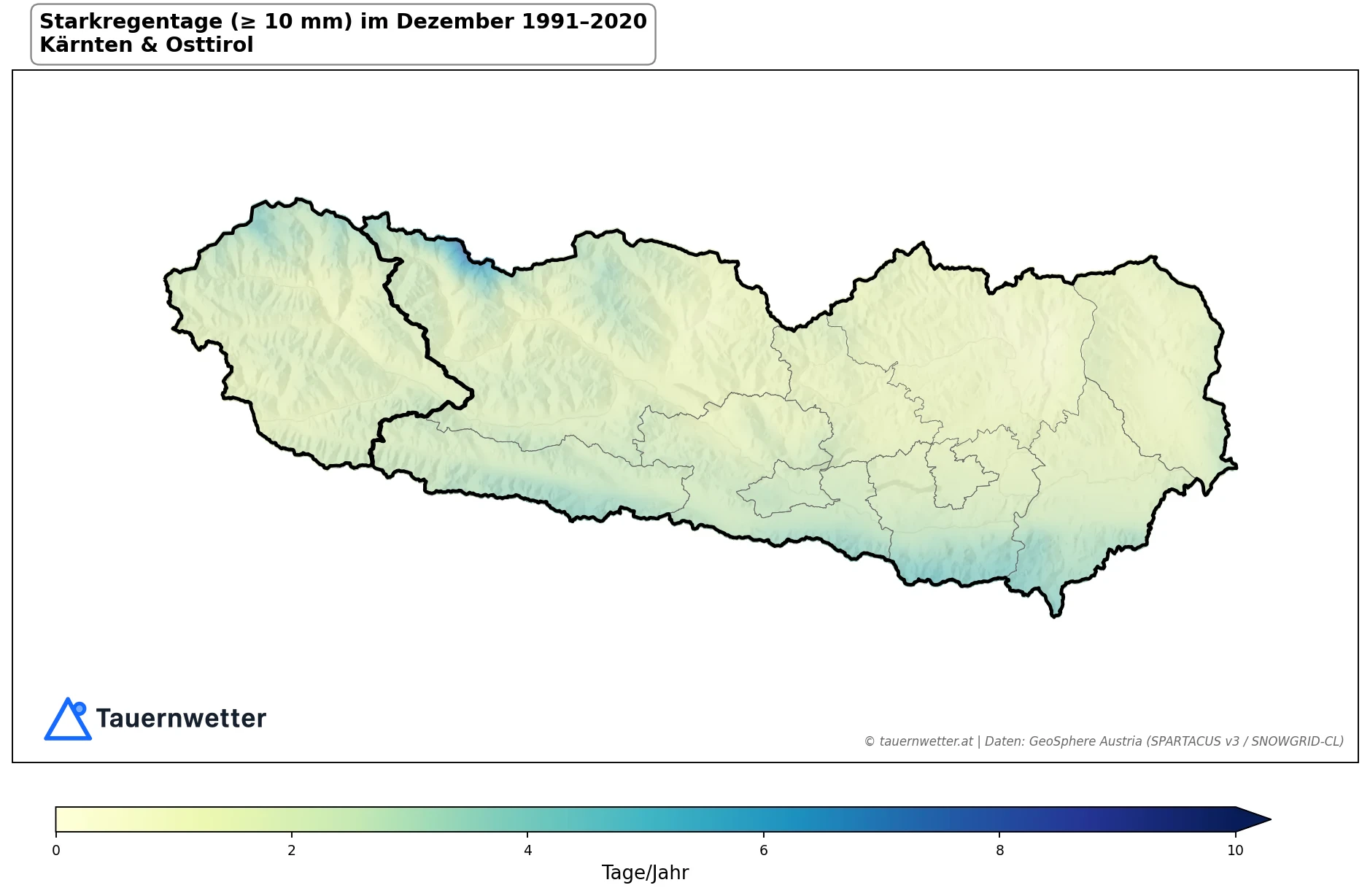 Klimakarte Starkniederschlagstage (≥ 10 mm), Dezember 1991–2020 in Kärnten und Osttirol