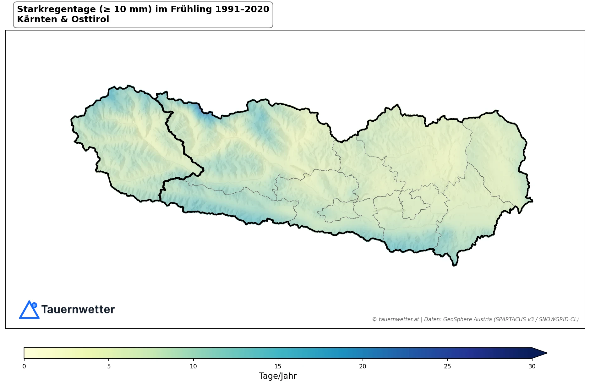 Klimakarte Starkniederschlagstage (≥ 10 mm), Frühling (MAM) 1991–2020 in Kärnten und Osttirol