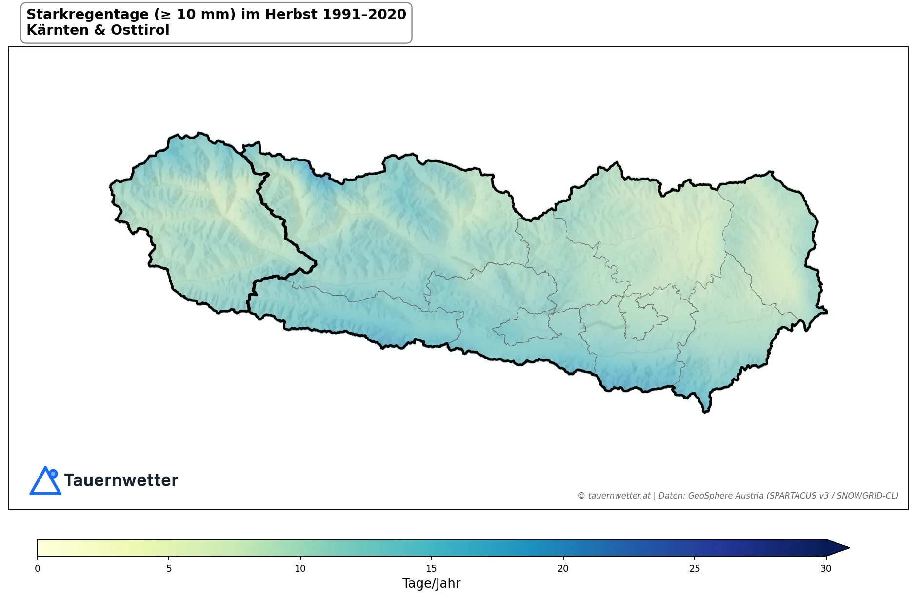 Klimakarte Starkniederschlagstage (≥ 10 mm), Herbst (SON) 1991–2020 in Kärnten und Osttirol