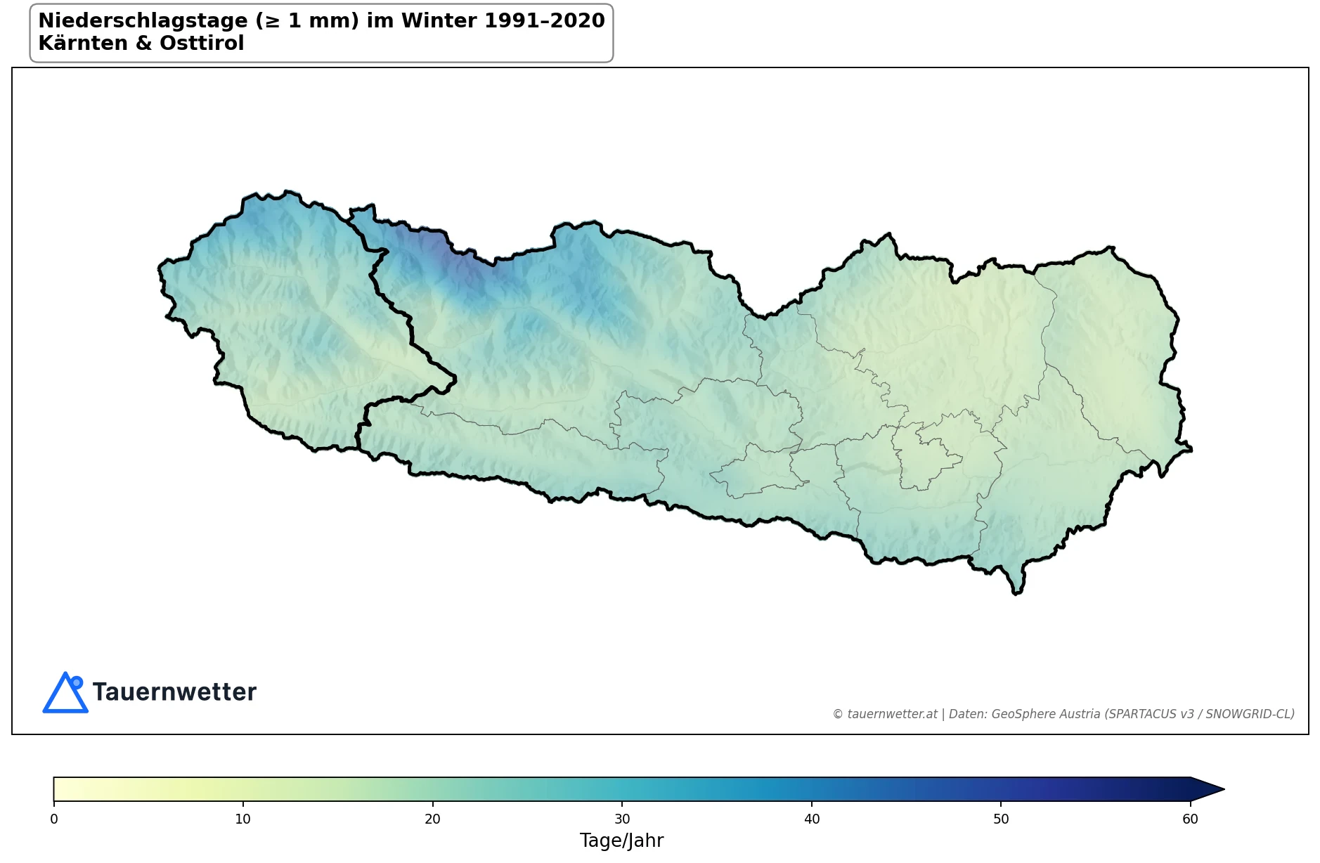 Klimakarte Niederschlagstage (≥ 1 mm), Winter (DJF) 1991–2020 in Kärnten und Osttirol