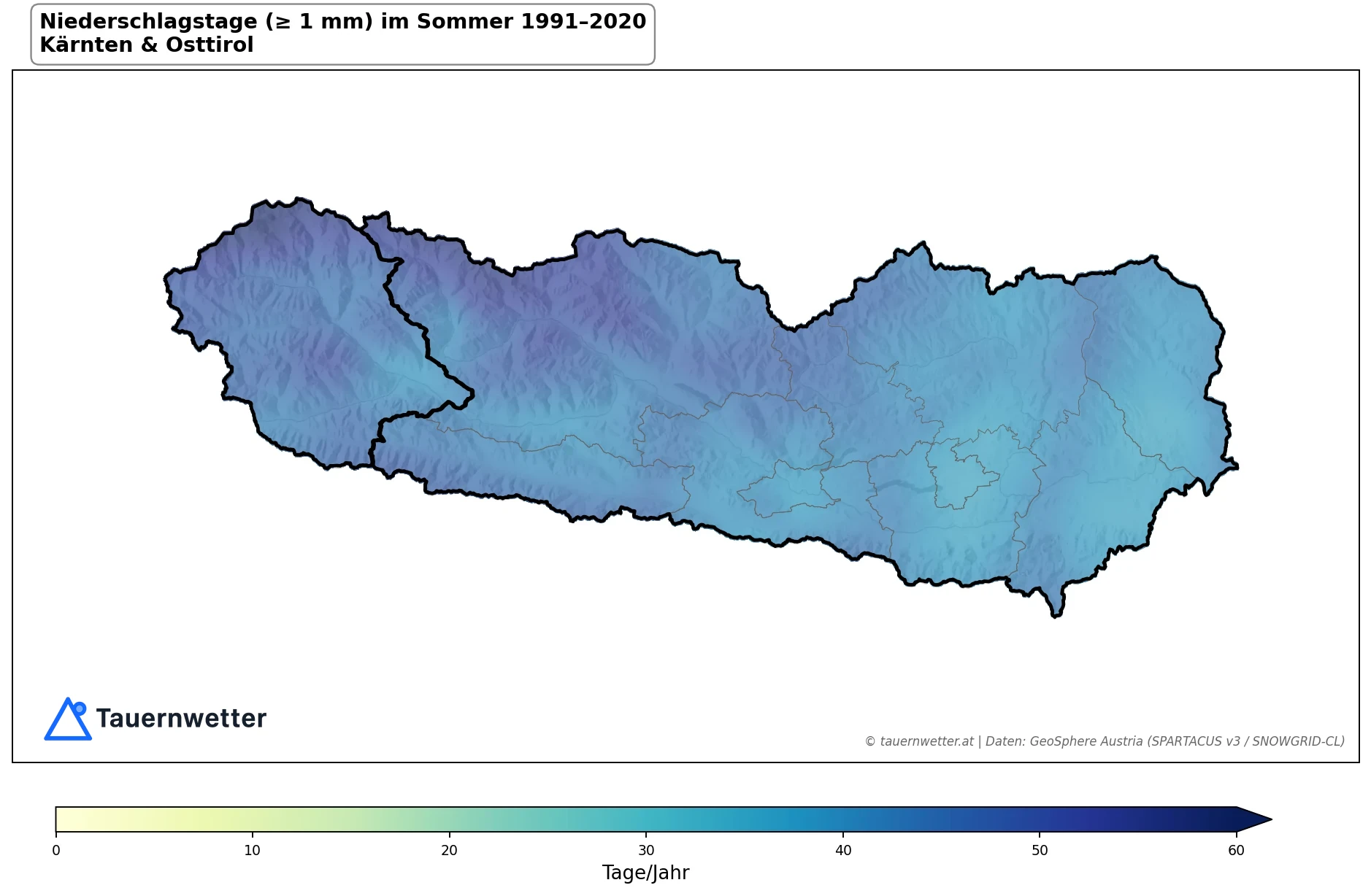 Klimakarte Niederschlagstage (≥ 1 mm), Sommer (JJA) 1991–2020 in Kärnten und Osttirol