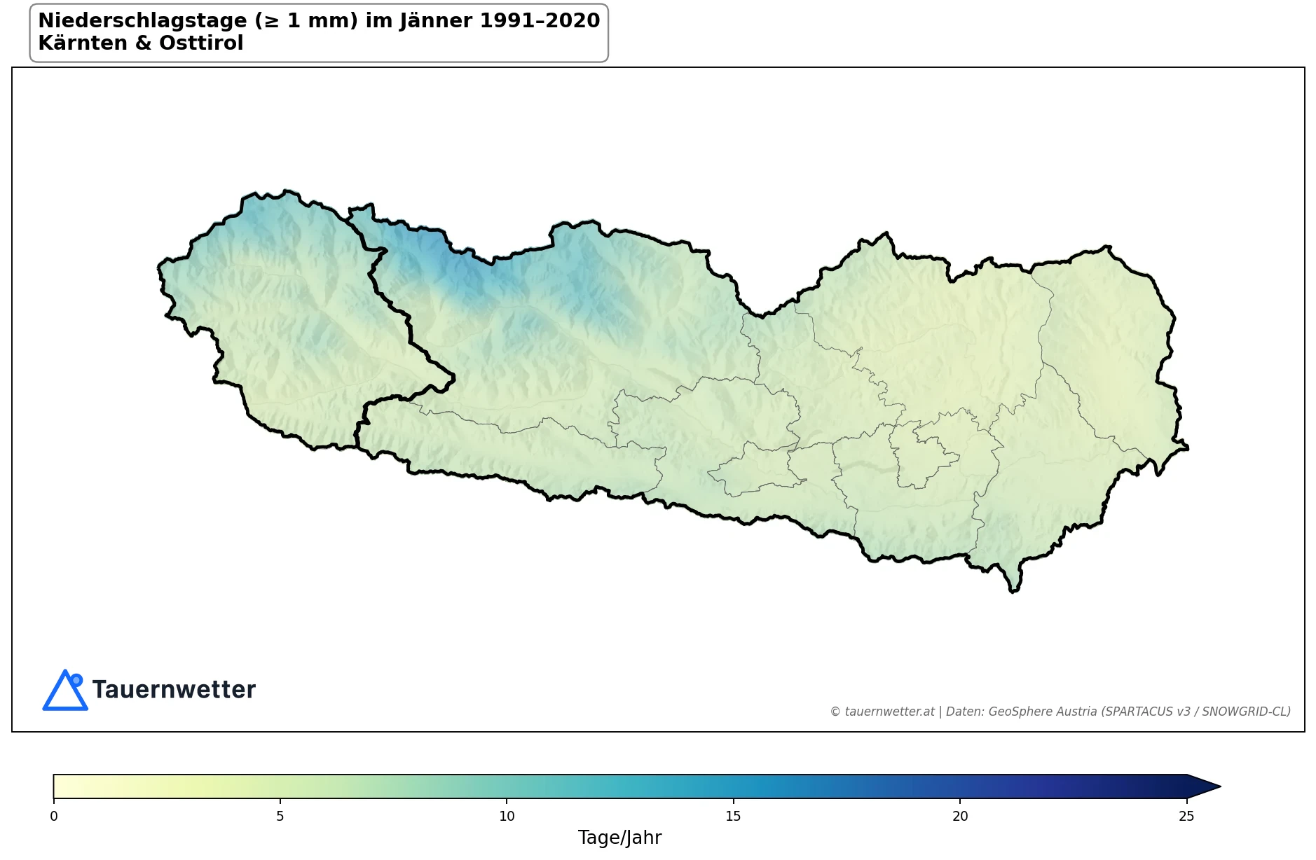 Klimakarte Niederschlagstage (≥ 1 mm), Jänner 1991–2020 in Kärnten und Osttirol