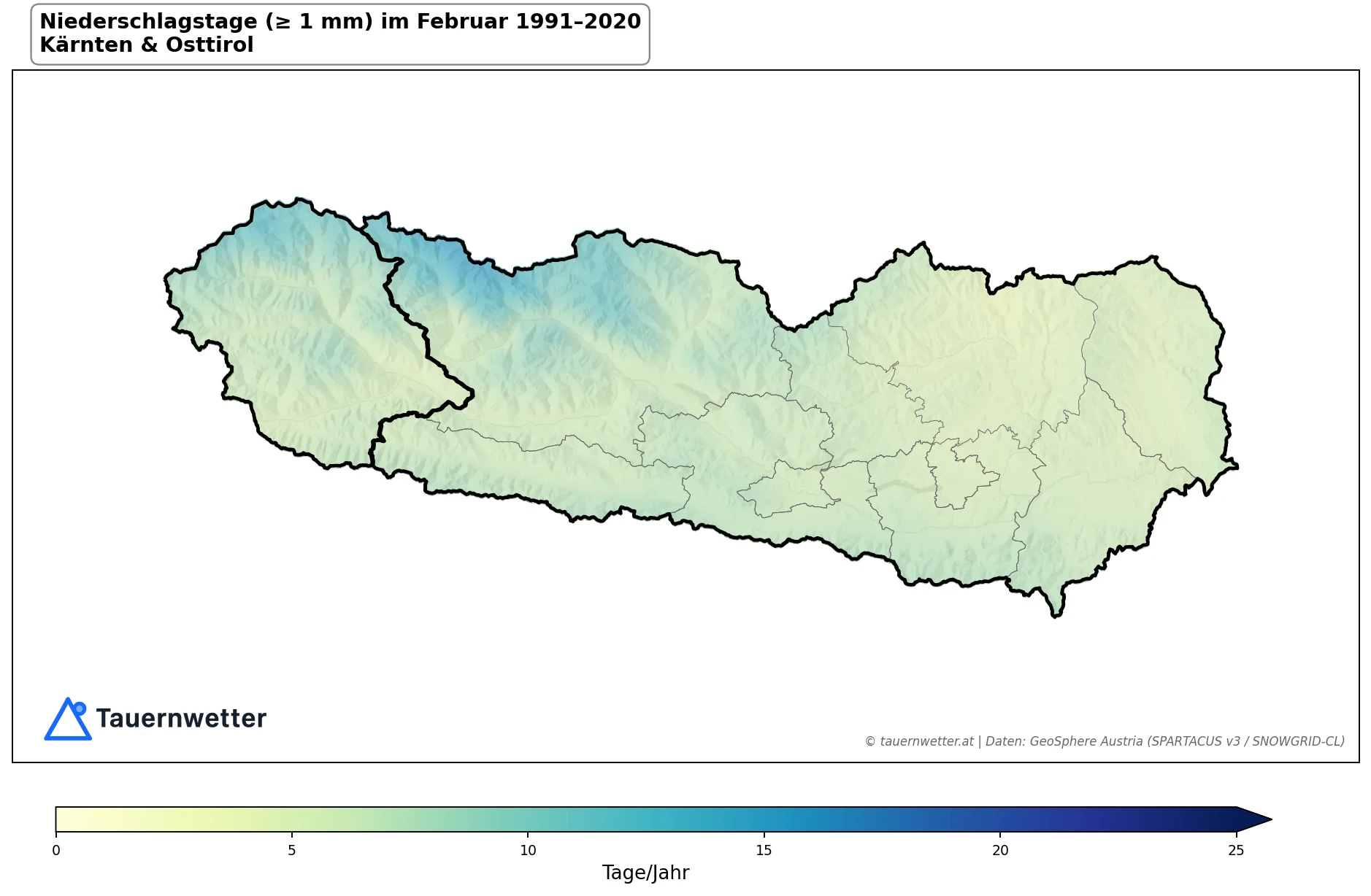 Klimakarte Niederschlagstage (≥ 1 mm), Februar 1991–2020 in Kärnten und Osttirol