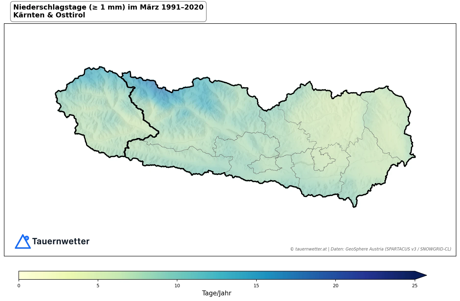 Klimakarte Niederschlagstage (≥ 1 mm), März 1991–2020 in Kärnten und Osttirol