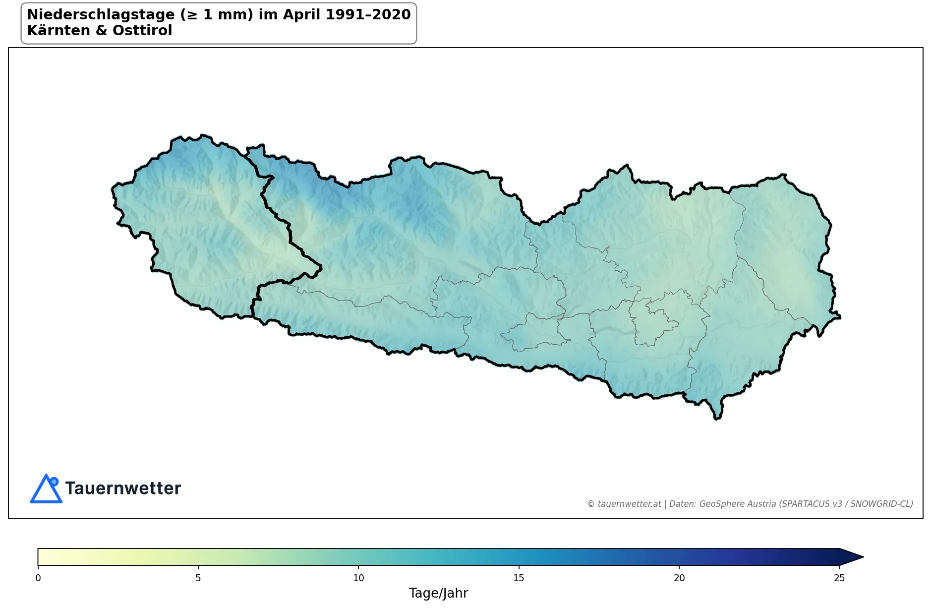 Klimakarte Niederschlagstage (≥ 1 mm), April 1991–2020 in Kärnten und Osttirol
