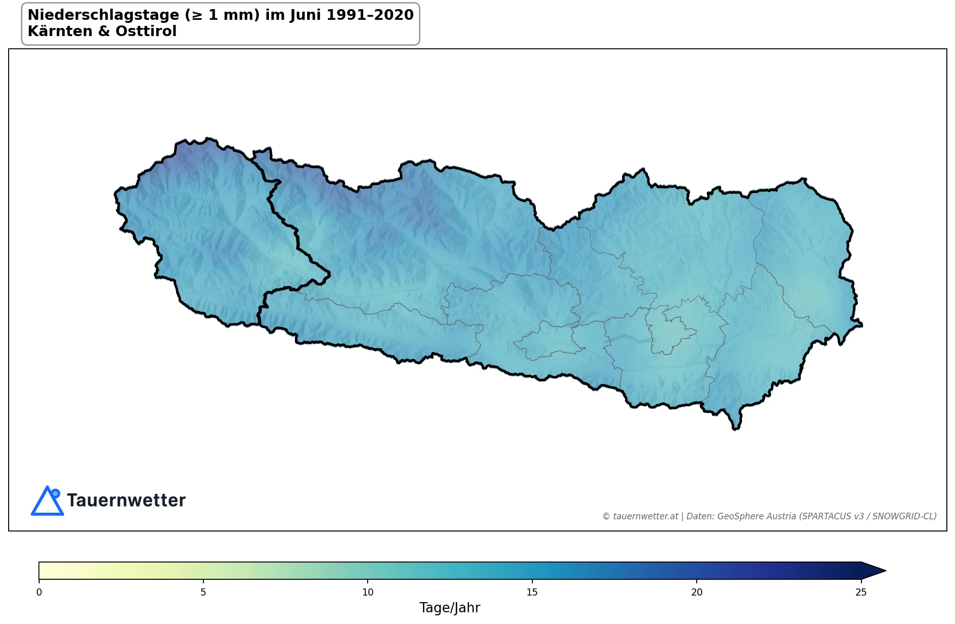Klimakarte Niederschlagstage (≥ 1 mm), Juni 1991–2020 in Kärnten und Osttirol