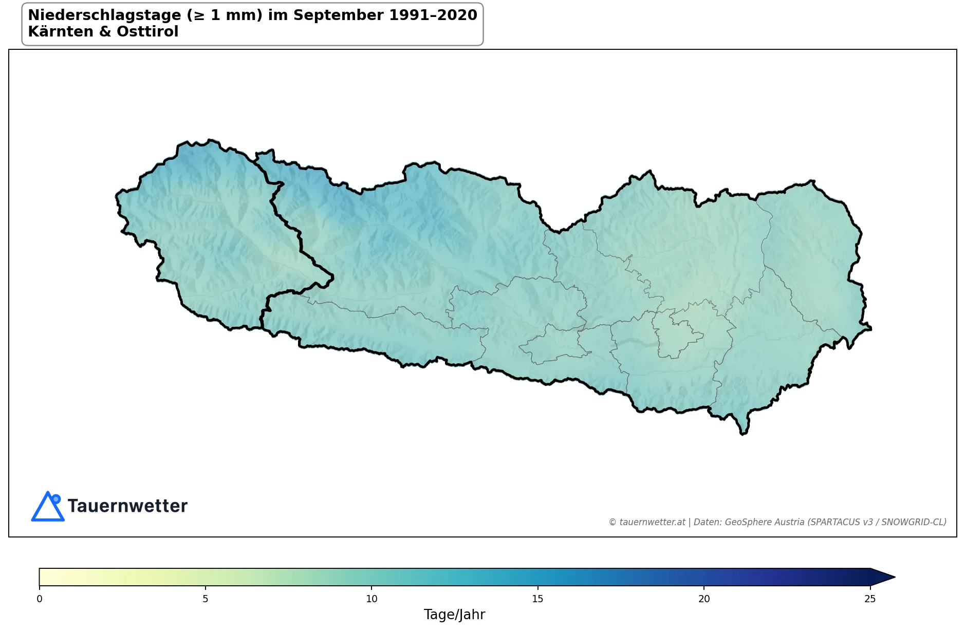 Klimakarte Niederschlagstage (≥ 1 mm), September 1991–2020 in Kärnten und Osttirol