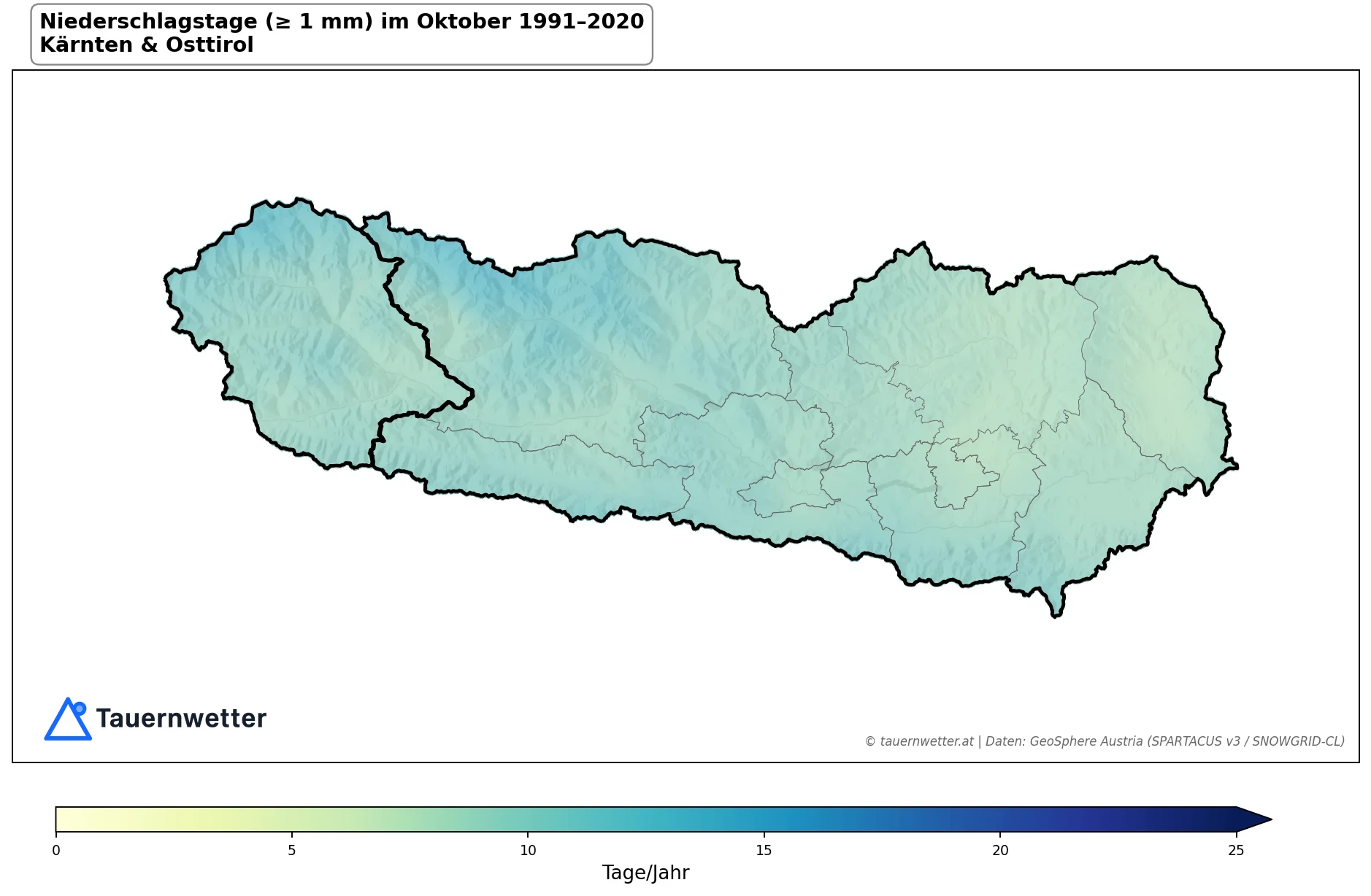 Klimakarte Niederschlagstage (≥ 1 mm), Oktober 1991–2020 in Kärnten und Osttirol