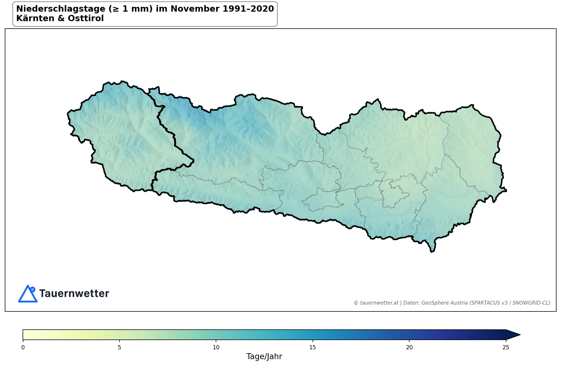 Klimakarte Niederschlagstage (≥ 1 mm), November 1991–2020 in Kärnten und Osttirol