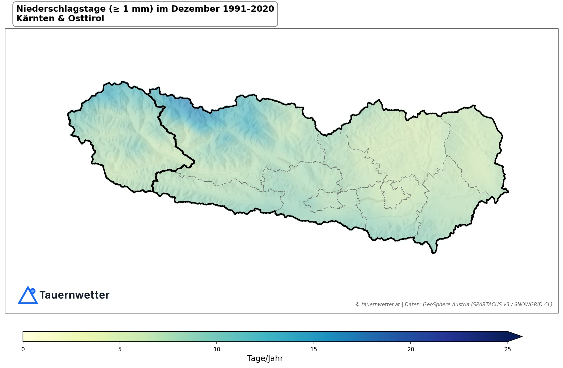 Klimakarte Niederschlagstage (≥ 1 mm), Dezember 1991–2020 in Kärnten und Osttirol