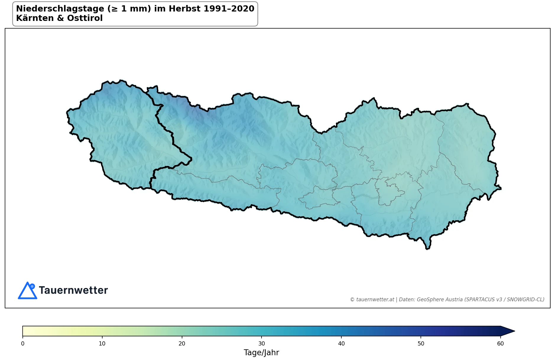 Klimakarte Niederschlagstage (≥ 1 mm), Herbst (SON) 1991–2020 in Kärnten und Osttirol