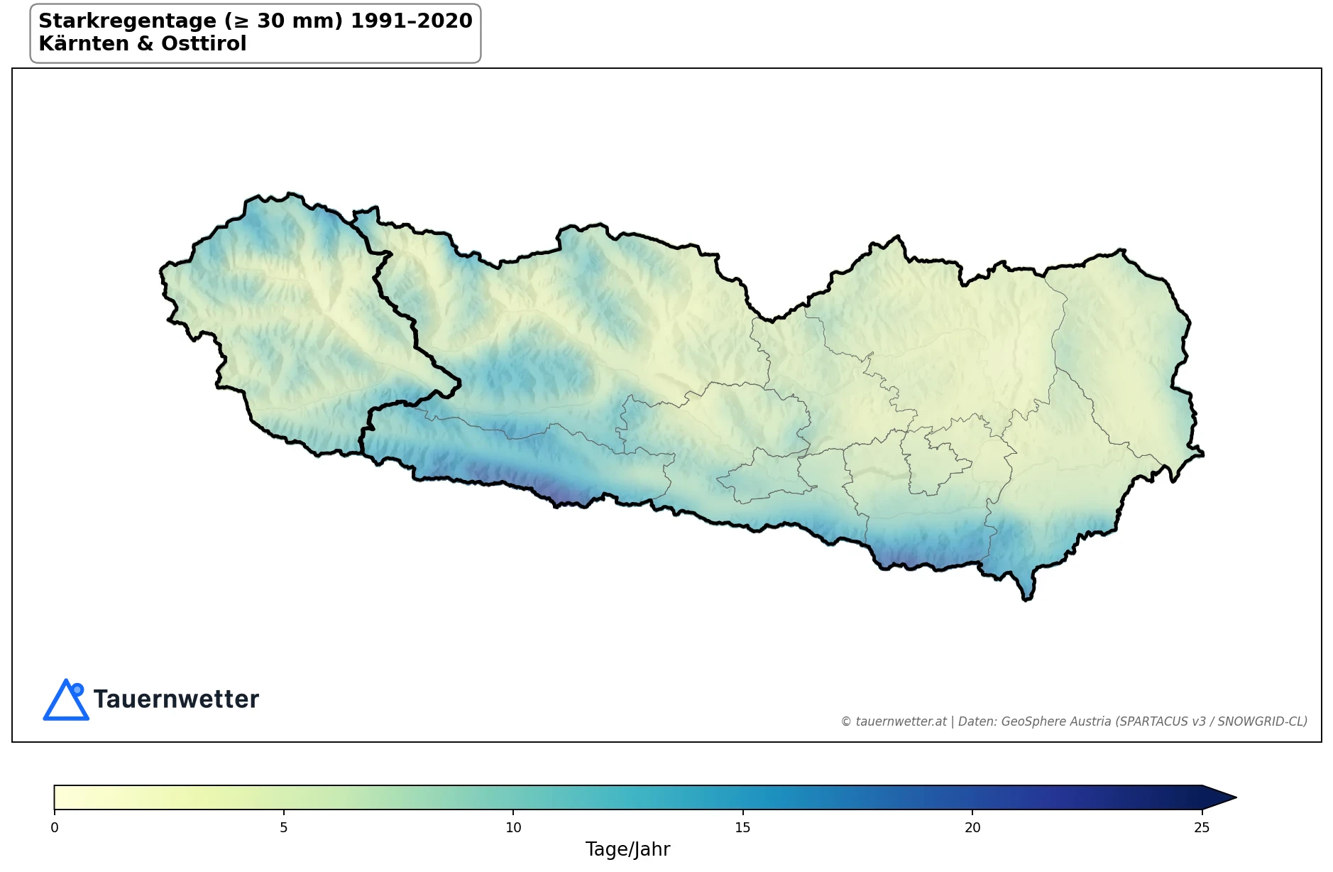 Klimakarte Starkniederschlagstage (≥ 30 mm), Jahr 1991–2020 in Kärnten und Osttirol