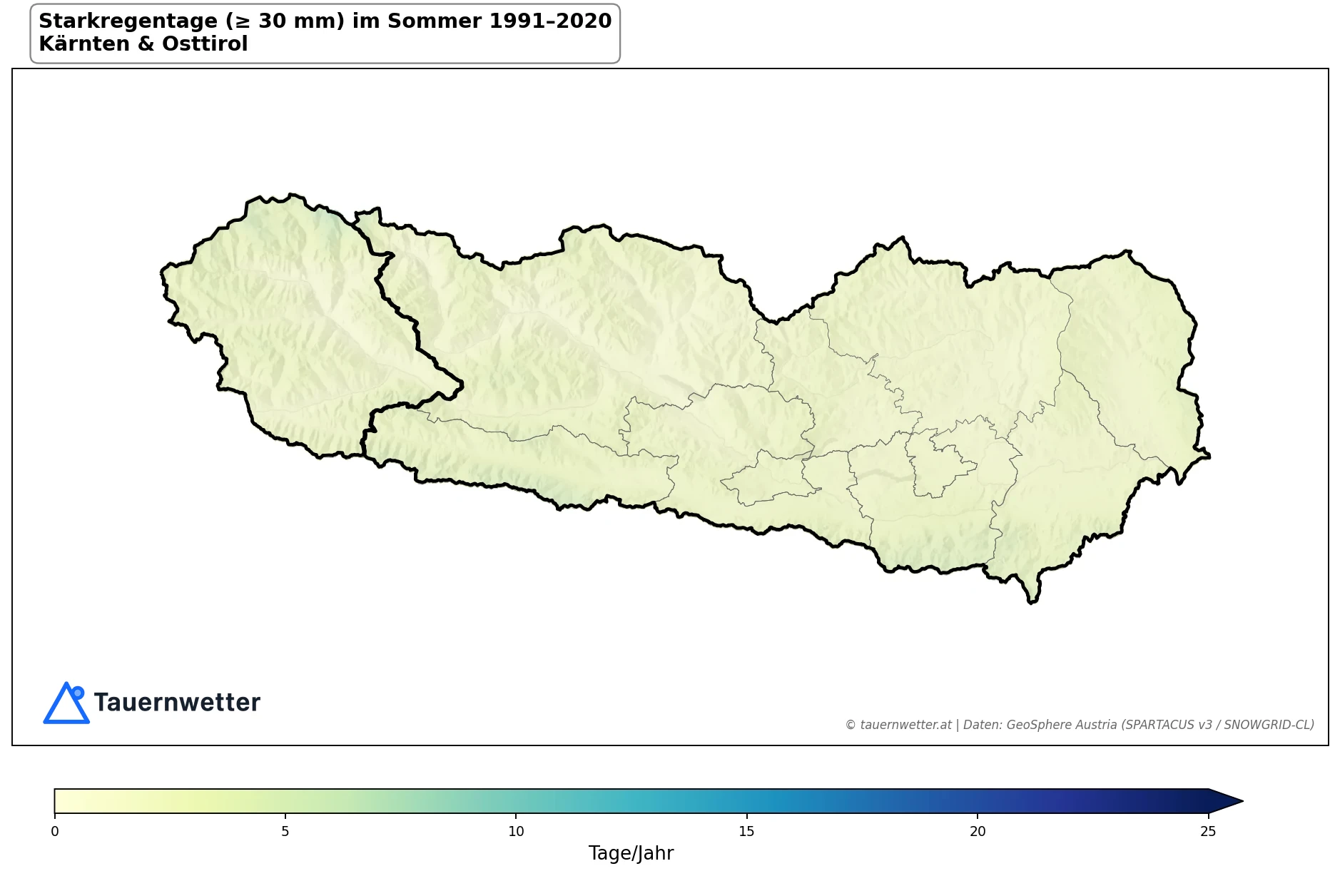 Klimakarte Starkniederschlagstage (≥ 30 mm), Sommer (JJA) 1991–2020 in Kärnten und Osttirol